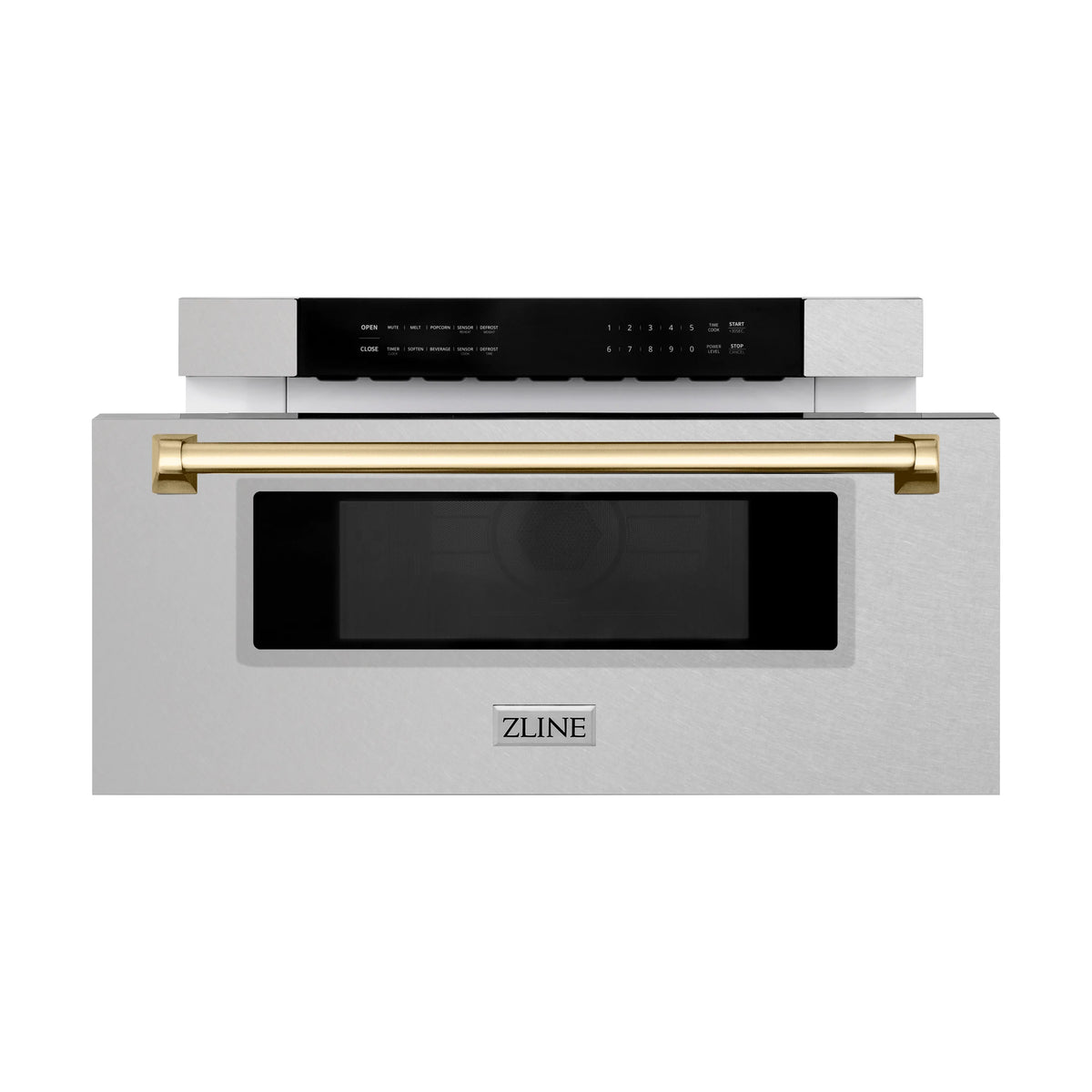 Stainless steel built-in microwave drawer with gold bar handle and black screen