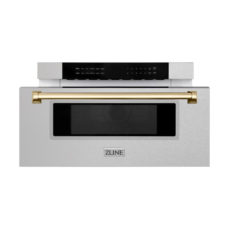 ZLINE Autograph Edition 30-Inch 1.2 cu. ft. Built-In Microwave Drawer in Fingerprint Resistant DuraSnow Stainless Steel with Gold Accents (MWDZ-30-SS-G)