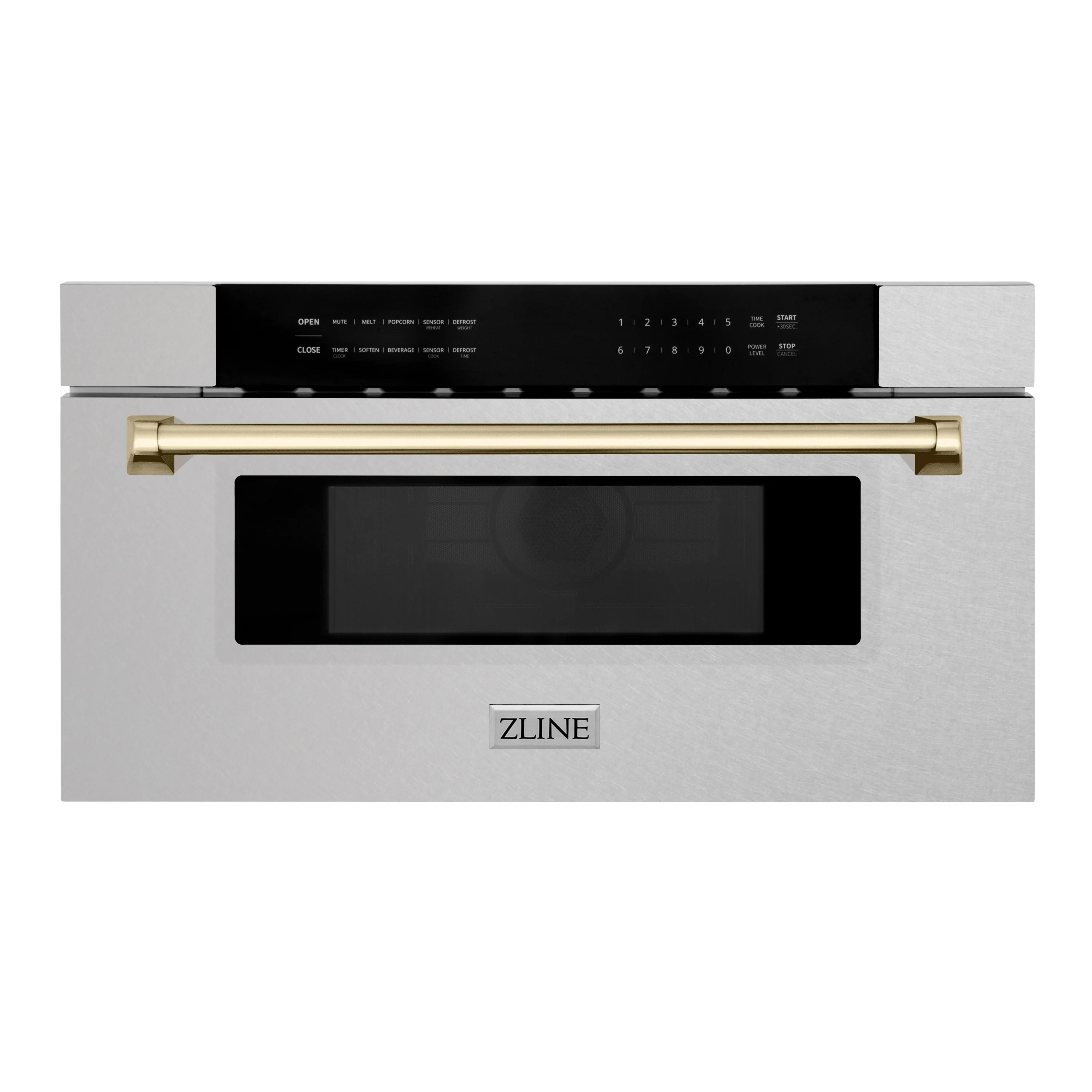 Stainless steel built-in microwave drawer with black display and gold pull handle
