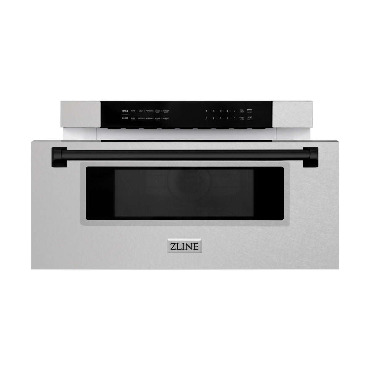 Front view of built-in microwave drawer in satin stainless steel with matte black handle