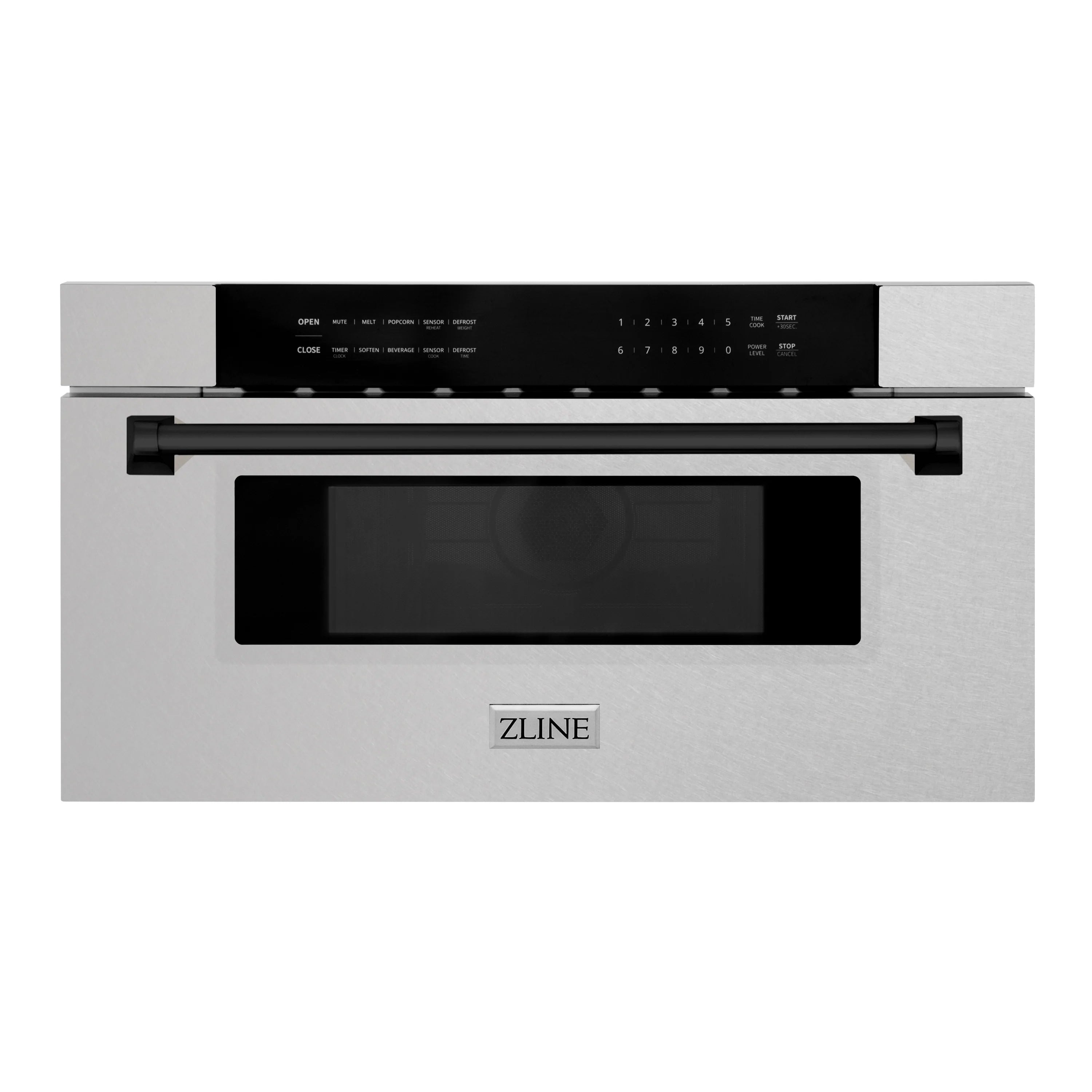 Stainless steel built-in microwave drawer with matte black handle and control panel