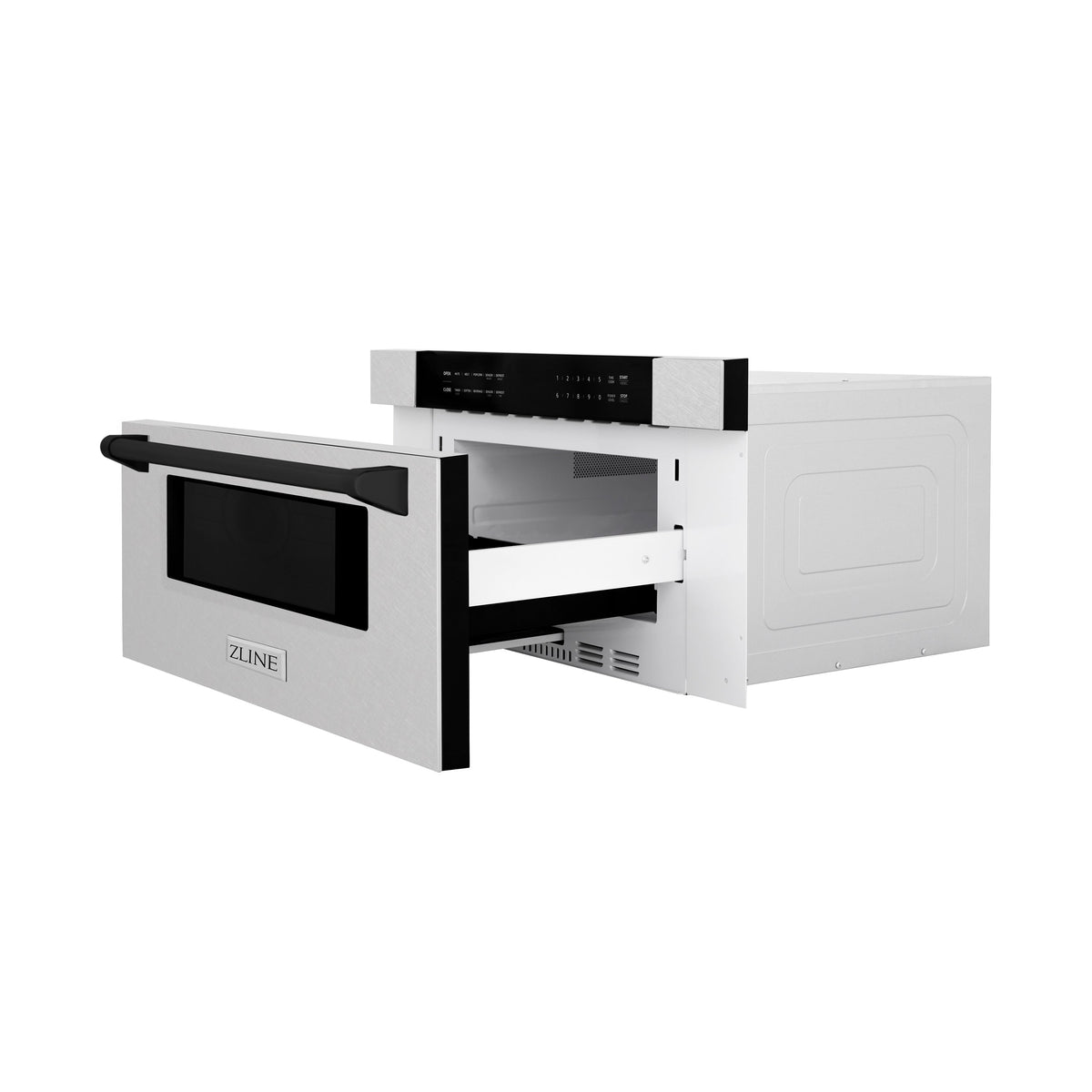 Side view of open built-in microwave drawer with satin stainless steel body