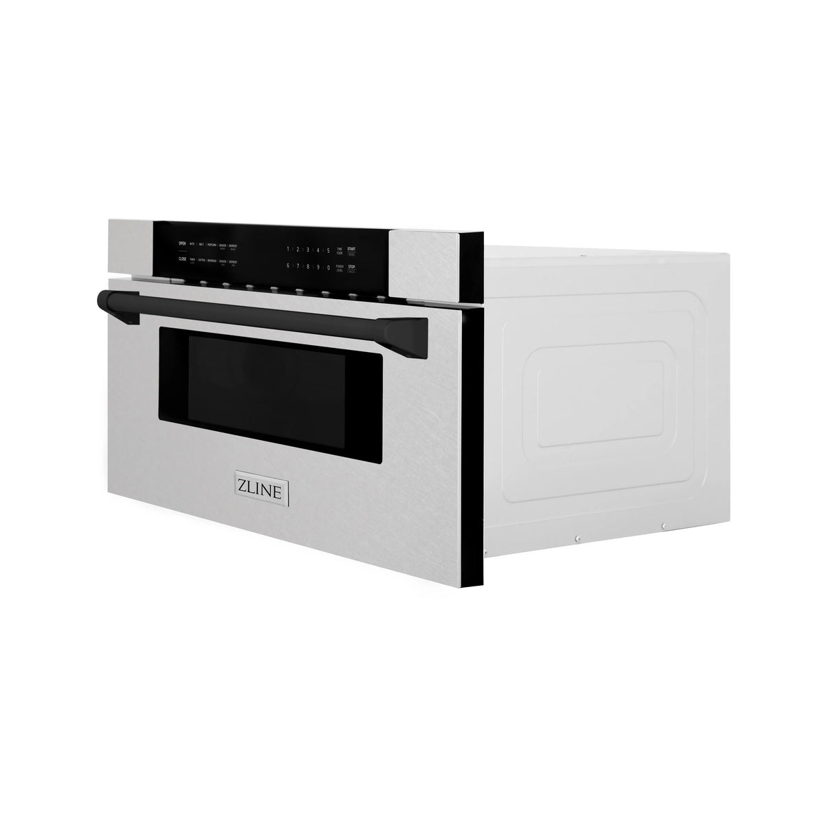 Built-in microwave drawer shown open, satin stainless steel with matte black handle