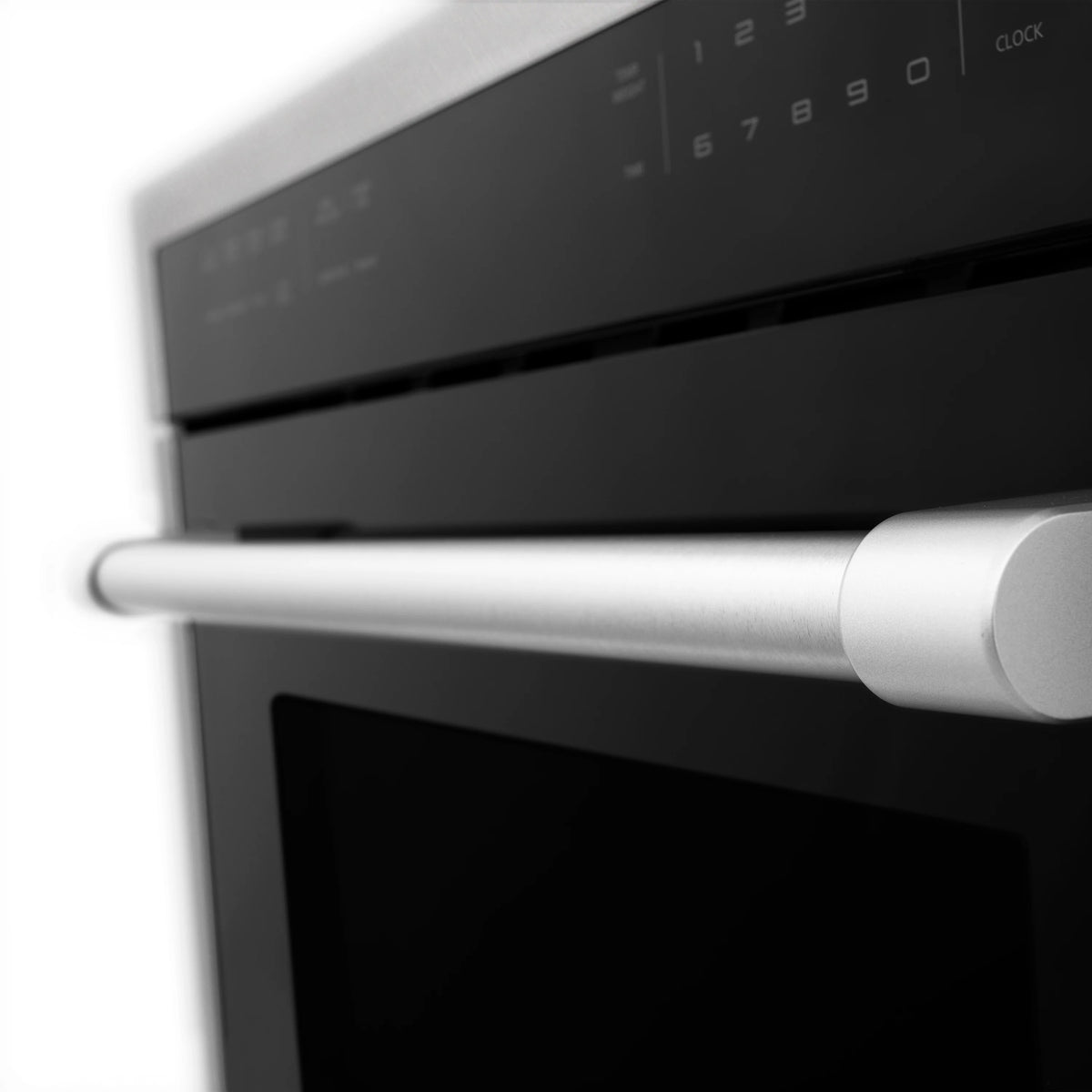 Microwave oven handle and black door window with satin stainless steel trim