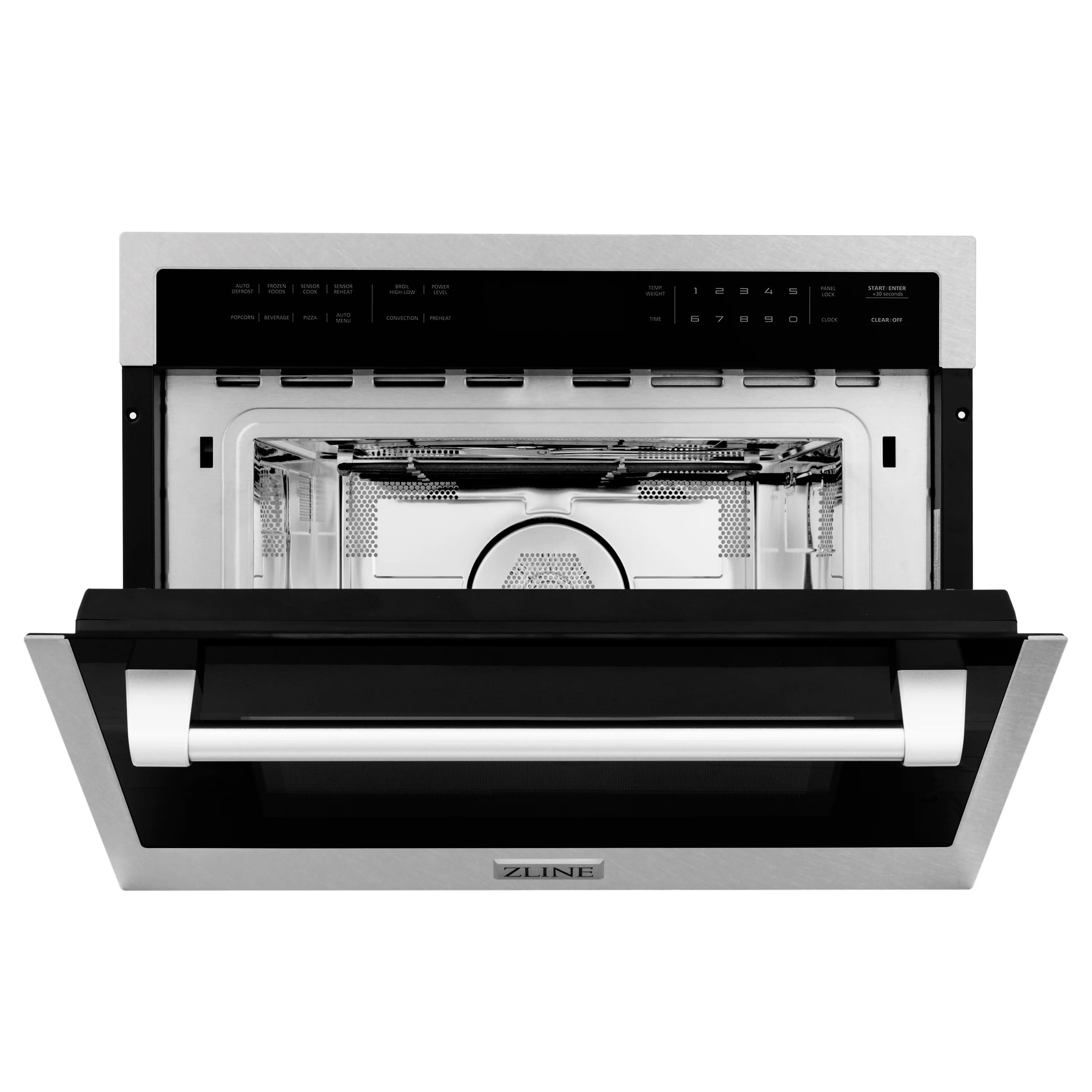 Built-in convection microwave oven with door open, showing interior cavity and turntable