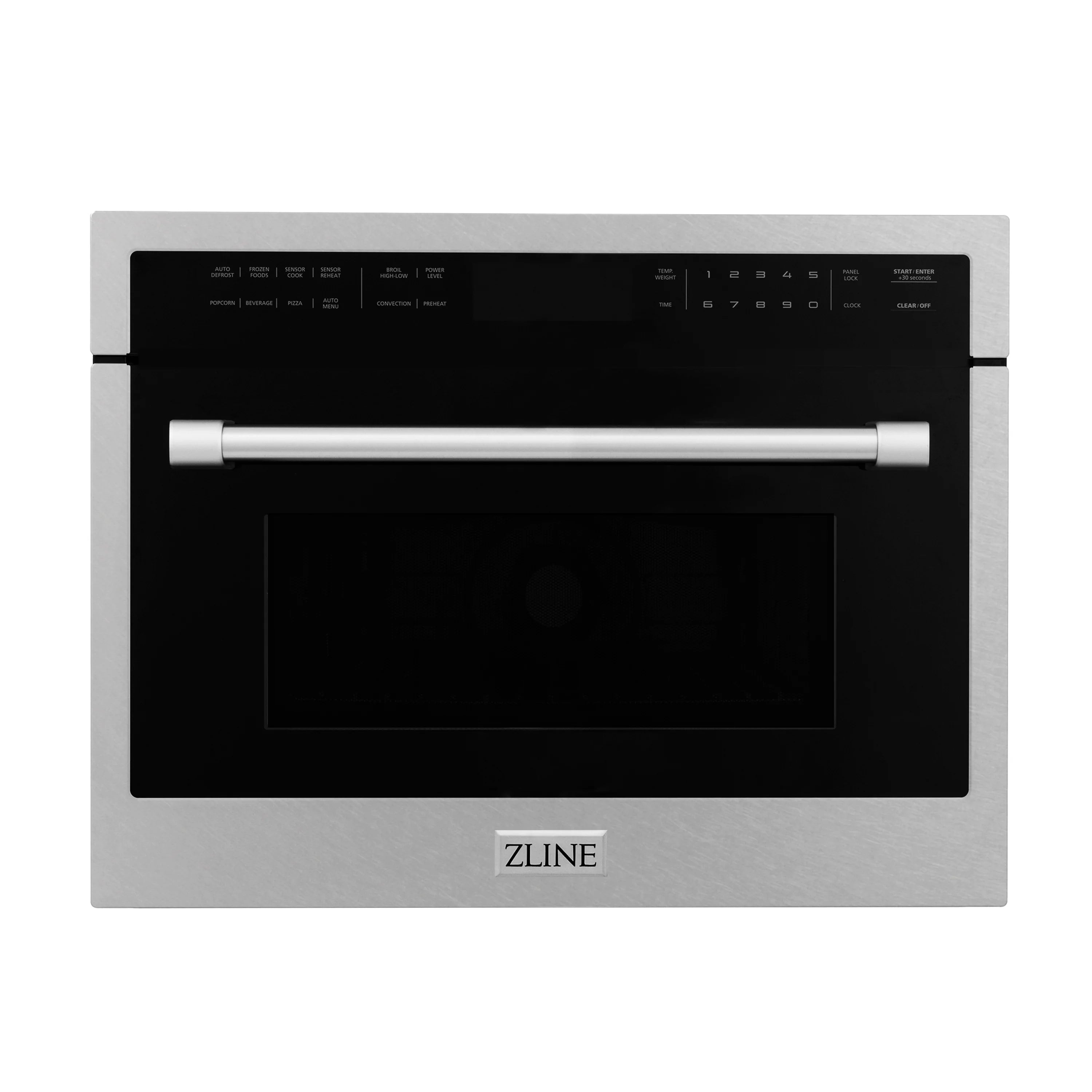 Built-in convection microwave oven in satin stainless steel with black control panel