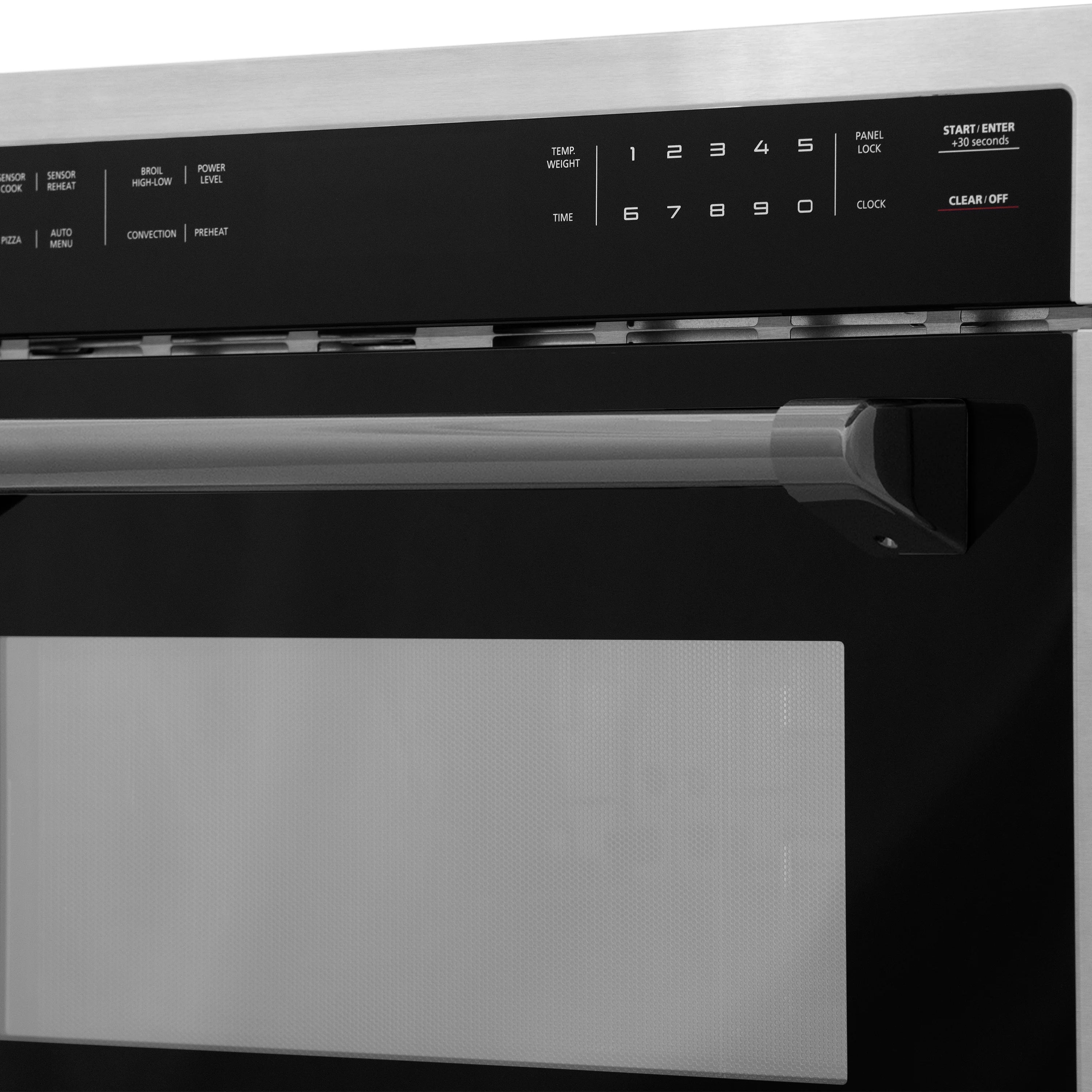 Microwave oven control panel and matte black handle, with illuminated numeric keypad.