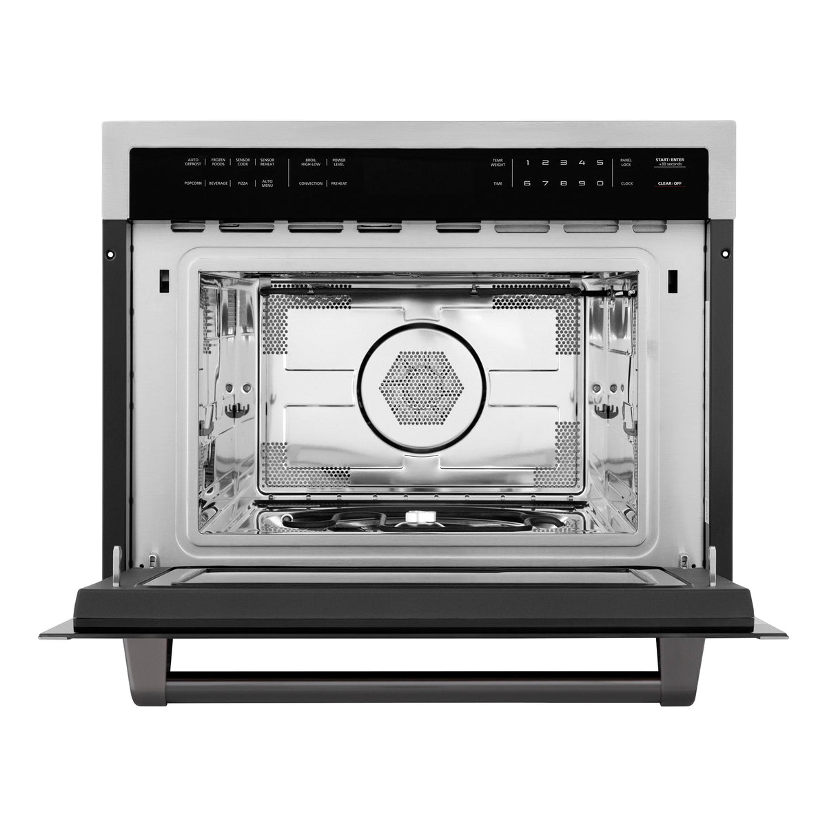 Built-in convection microwave oven with door open, showing interior cavity and grille.