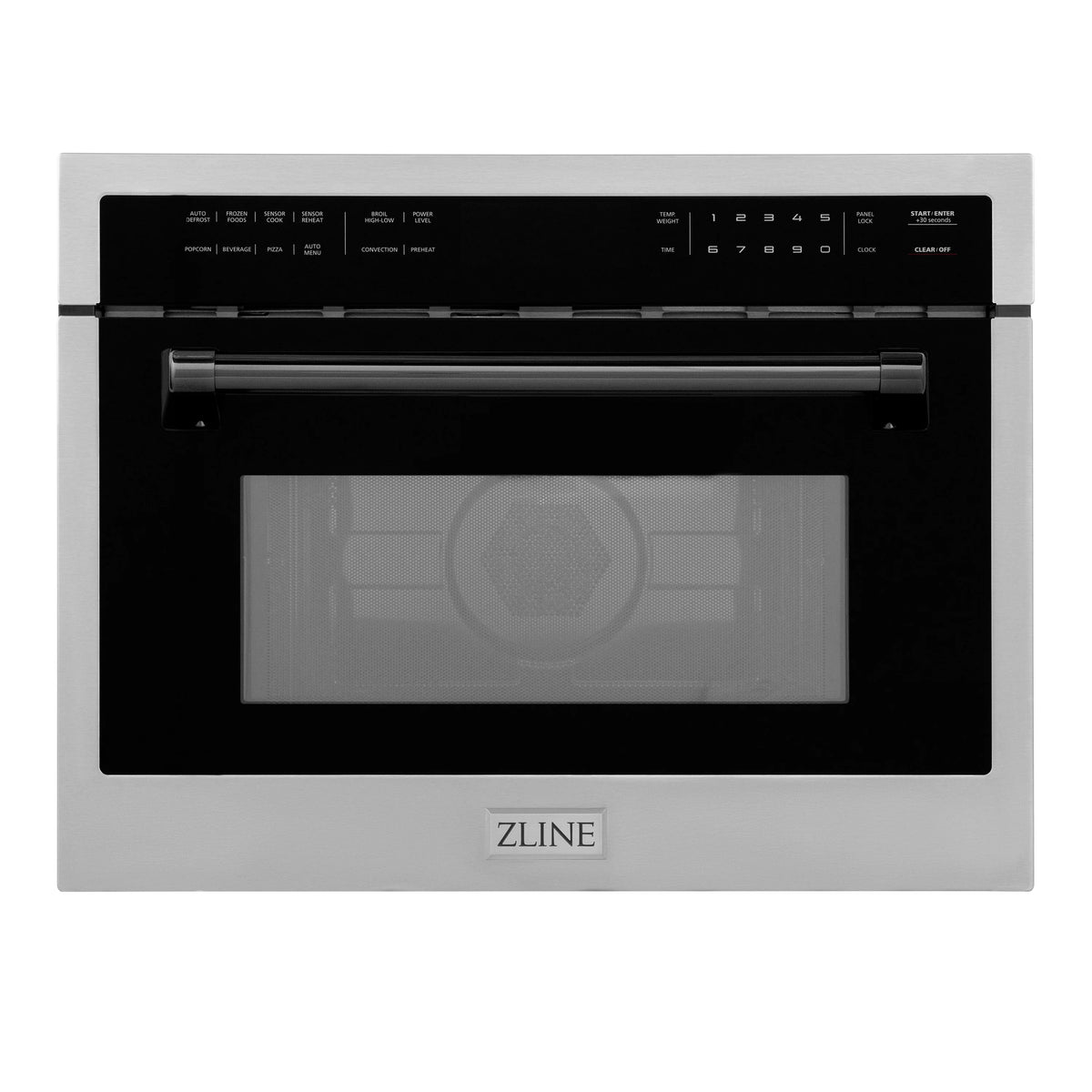 Built-in convection microwave oven, stainless steel with matte black control panel and door.