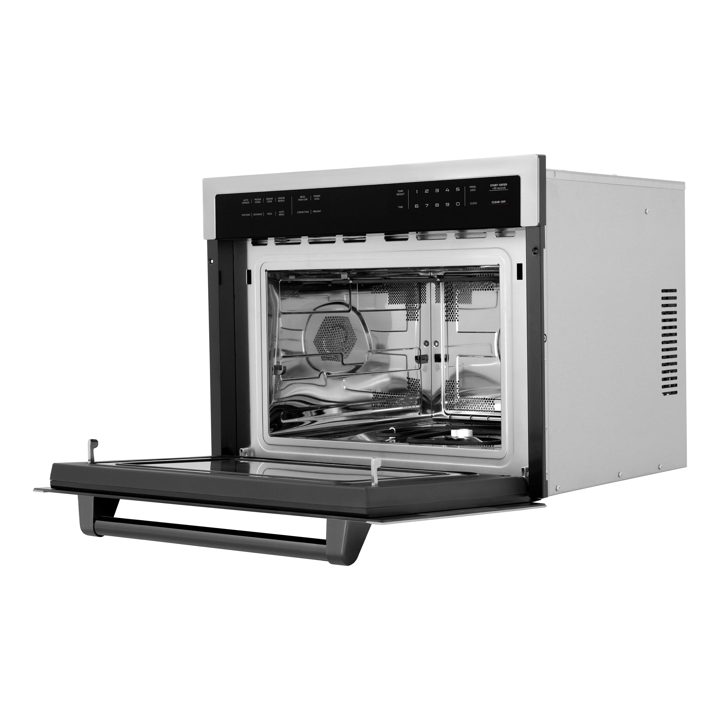 Built-in convection microwave oven, door open to reveal interior fan and cooking chamber.