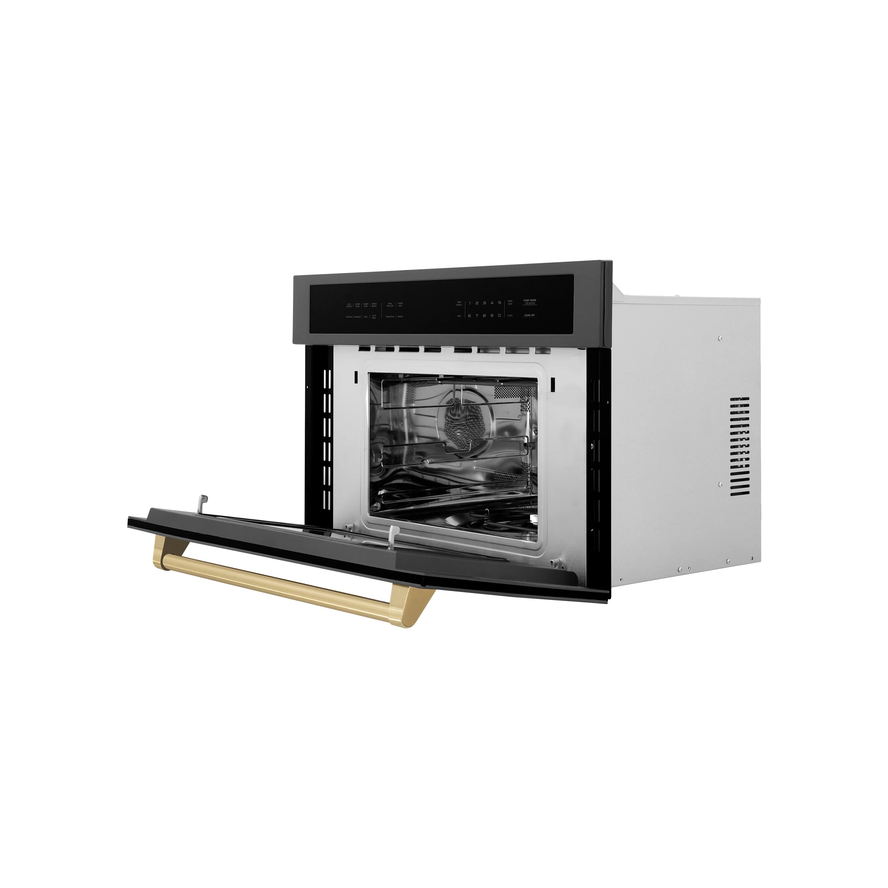 Microwave oven door open, interior visible, black stainless body with champagne bronze handle