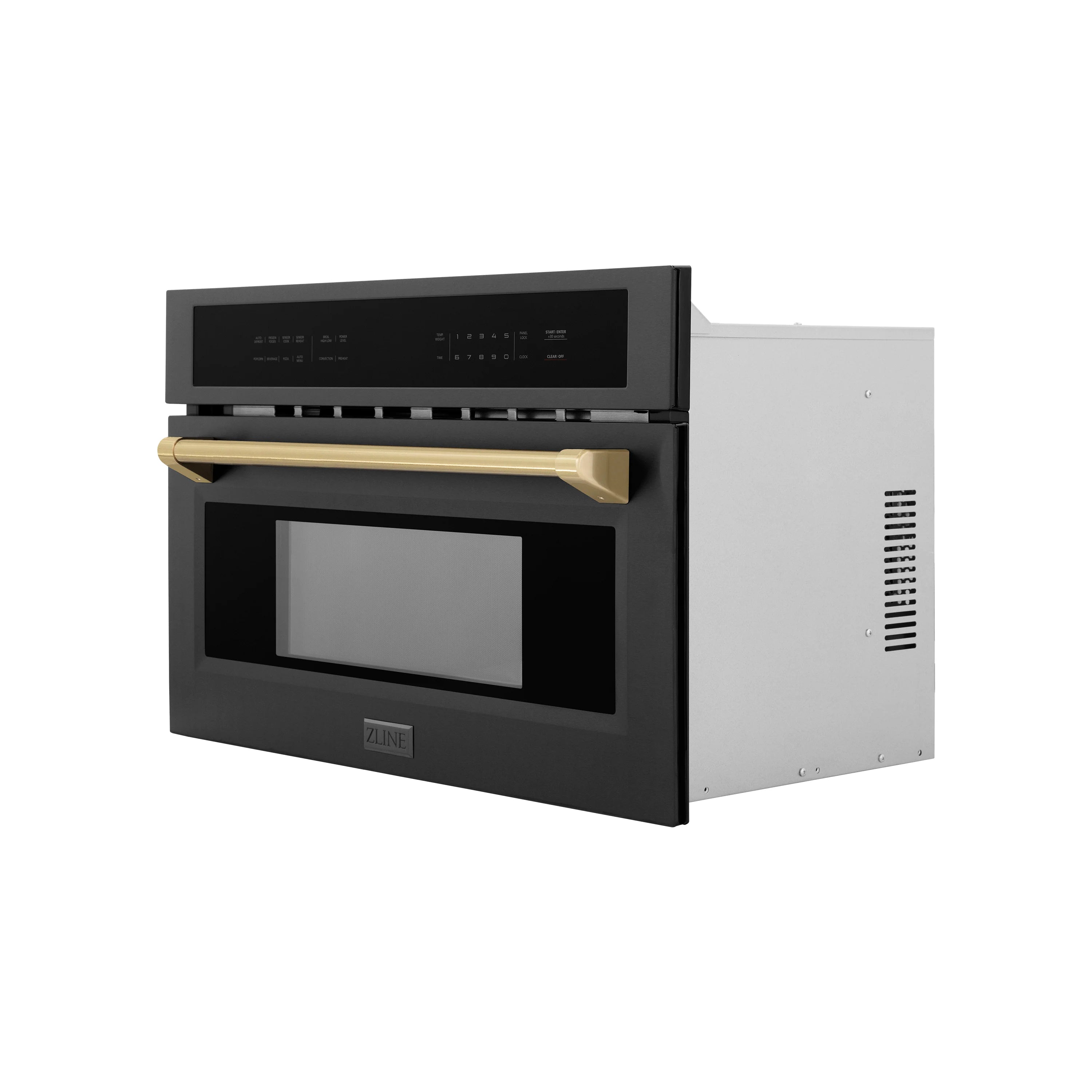 Convection microwave oven with open door, black stainless steel, champagne bronze handle