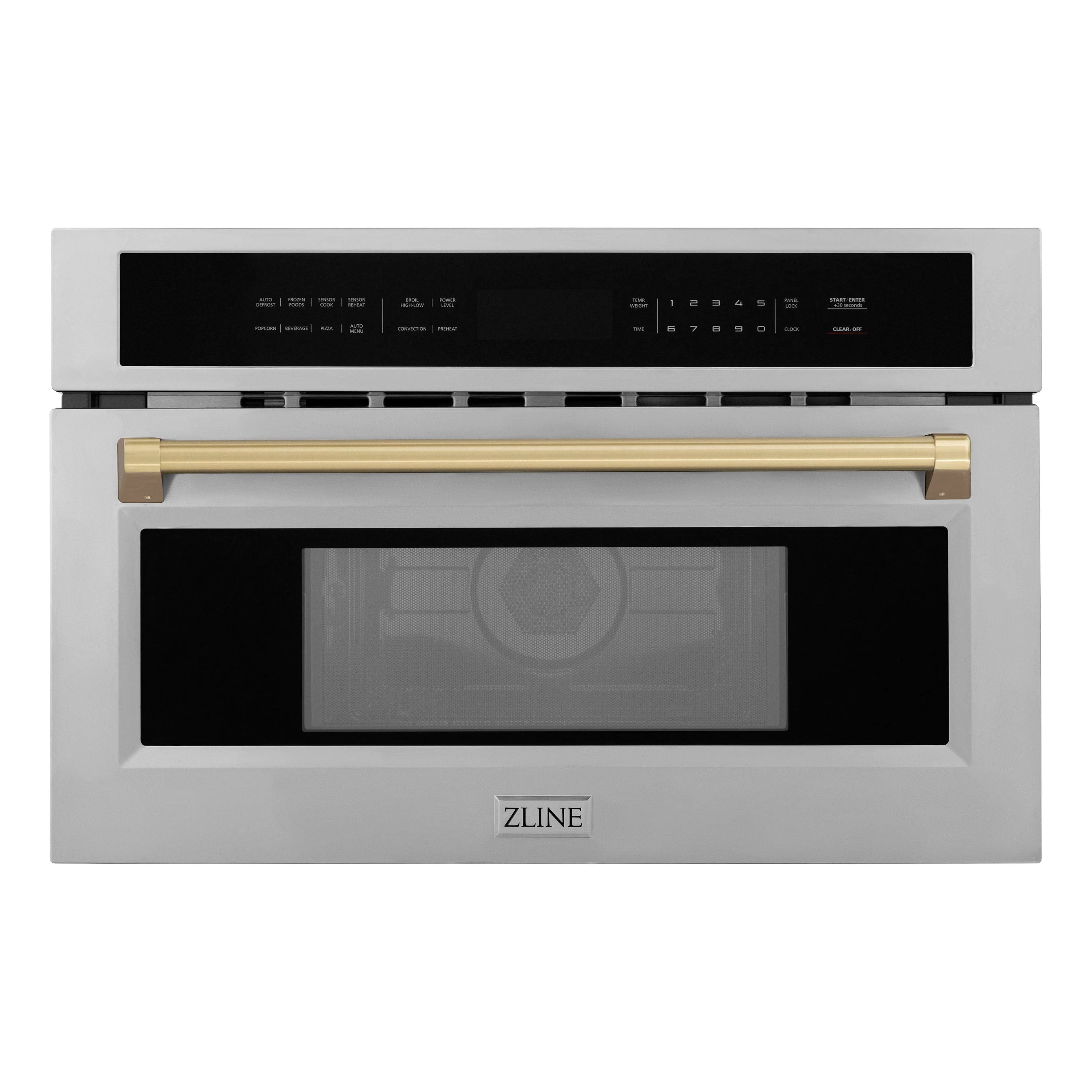 Built-in convection microwave oven with black glass door and champagne bronze handle accents