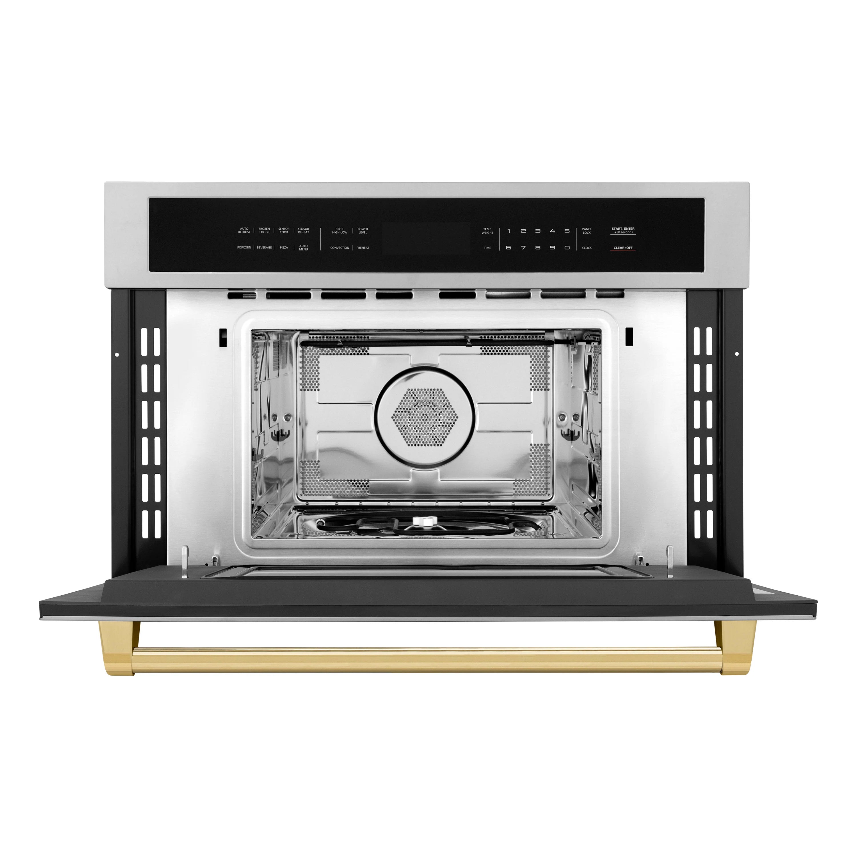 Built-in microwave with door open showing interior cavity and turntable