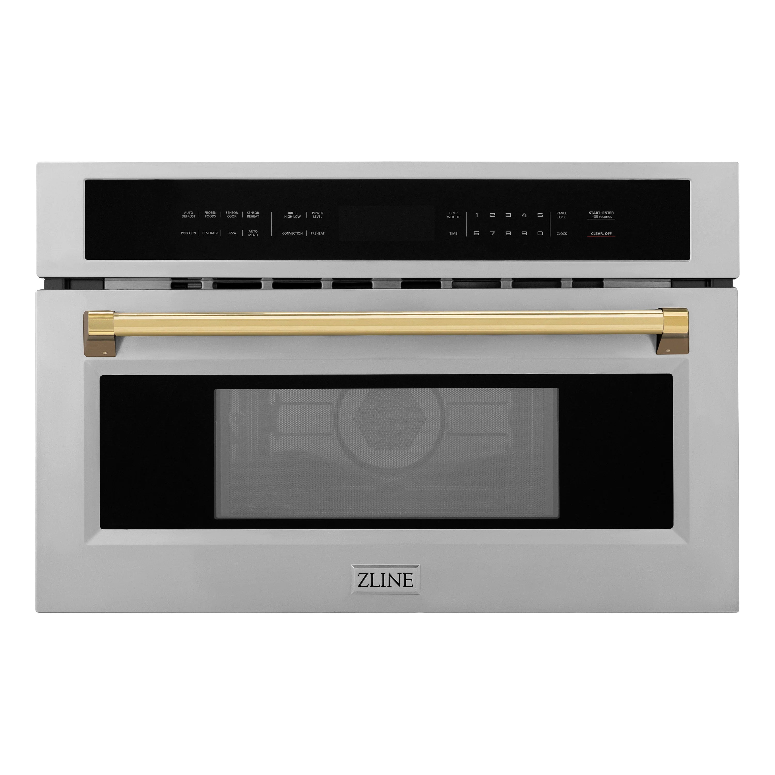 Built-in stainless microwave with black door window and gold accent handle