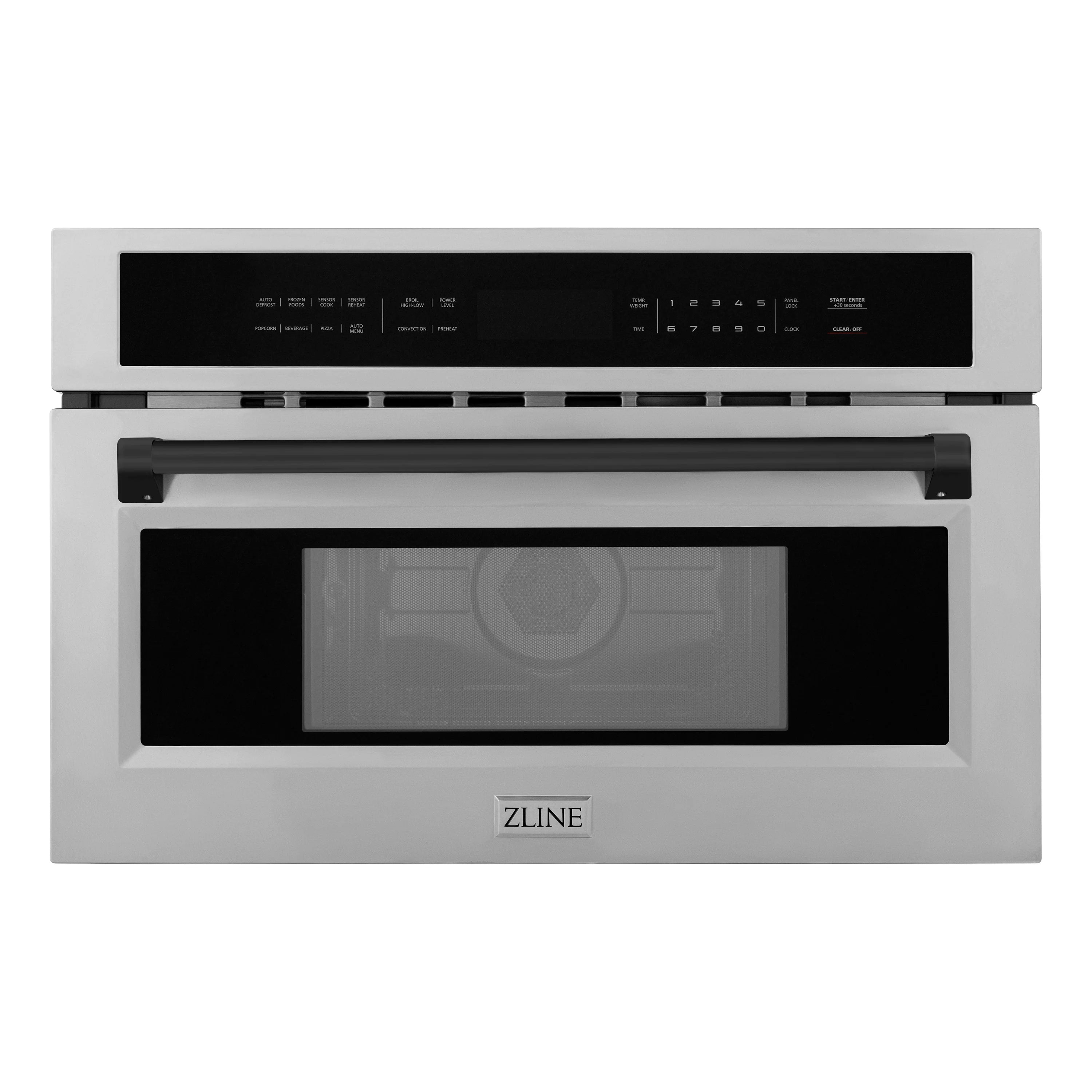 Built-in convection microwave oven with black control panel, stainless steel and trim
