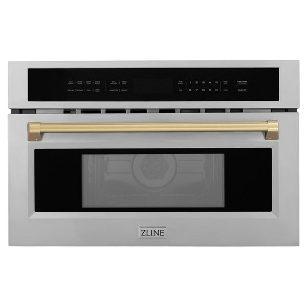 ZLINE Autograph Edition 30-Inch 1.6 cu ft. Built-in Convection Microwave Oven in Fingerprint Resistant Stainless Steel with Champagne Bronze Accents (MWOZ-30-SS-CB)