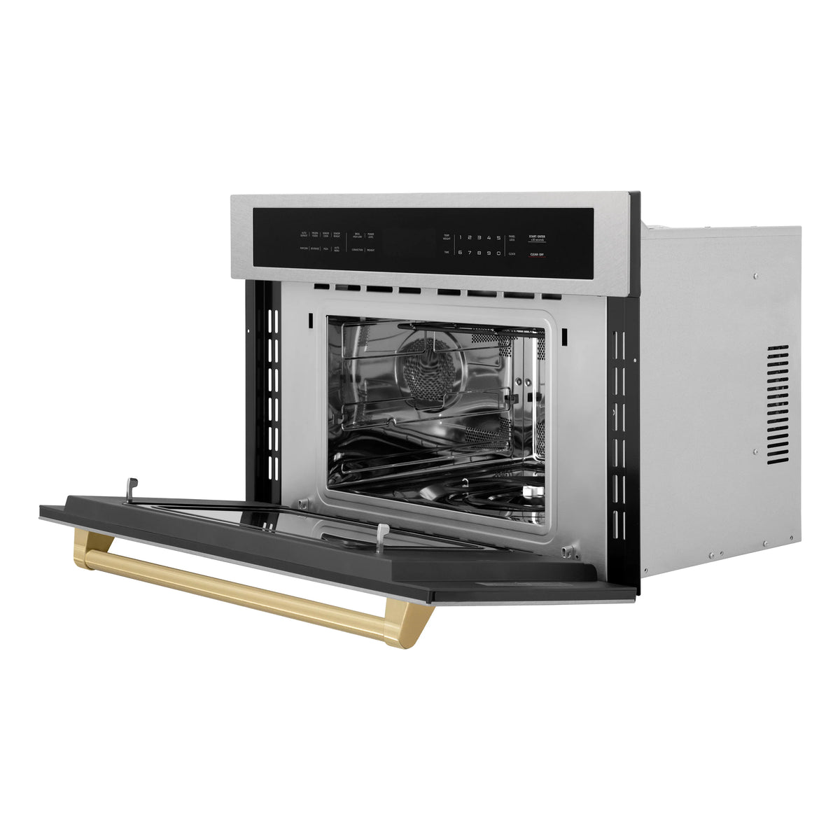 Built-in convection microwave oven with open door showing metal interior and glass window