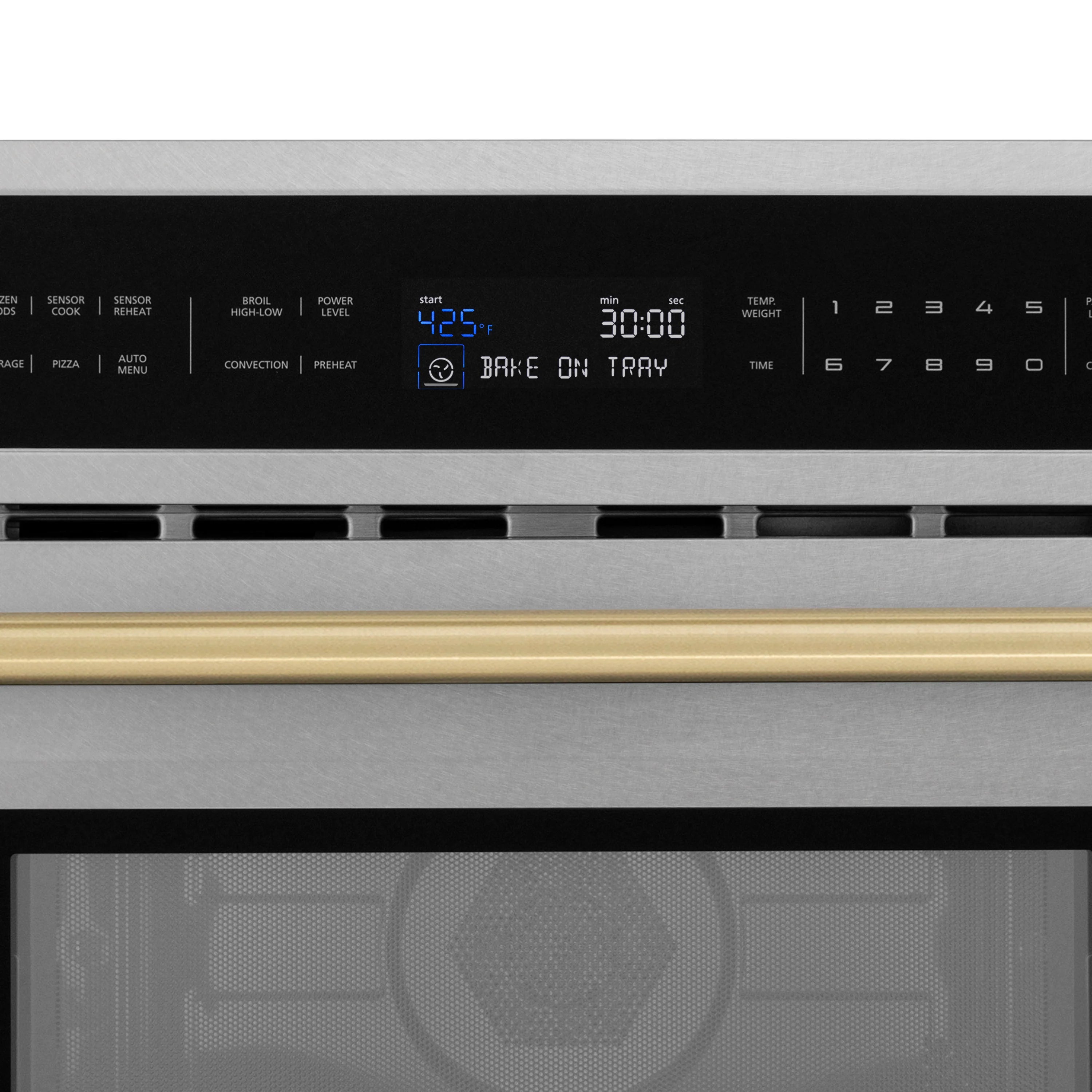 Built-in microwave oven control panel with digital display and button icons