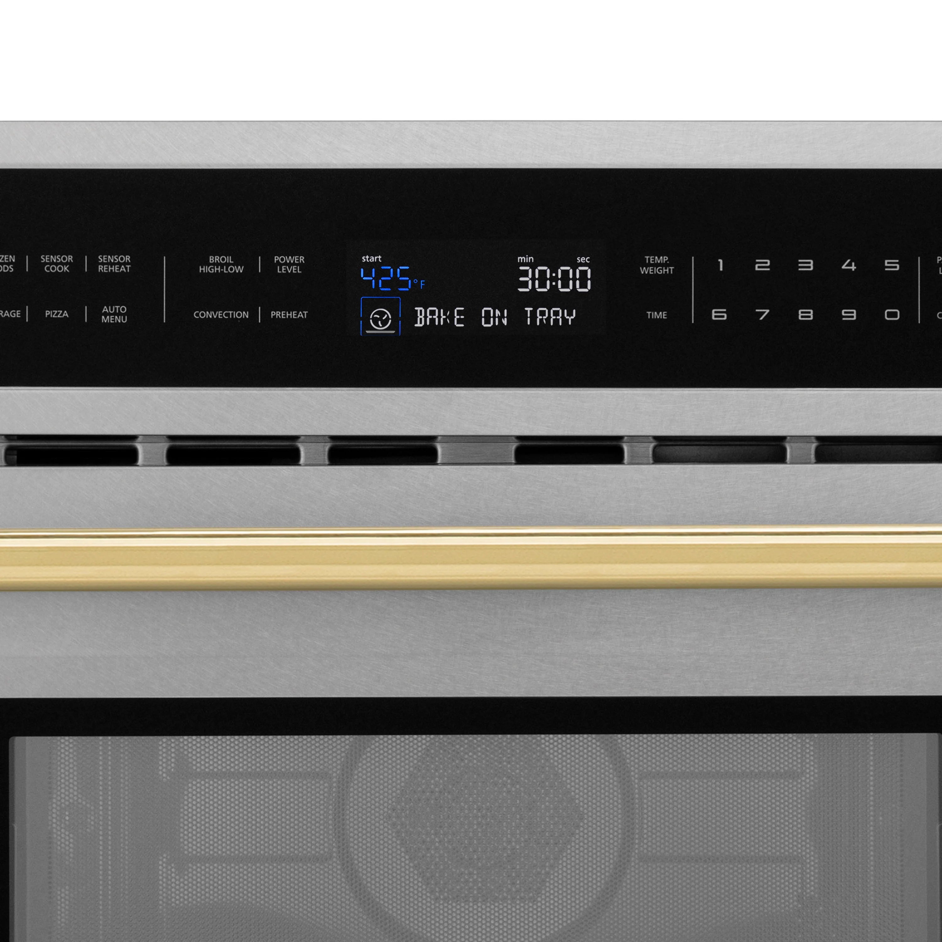 Built-in convection microwave oven control panel with digital display and gold bar handle