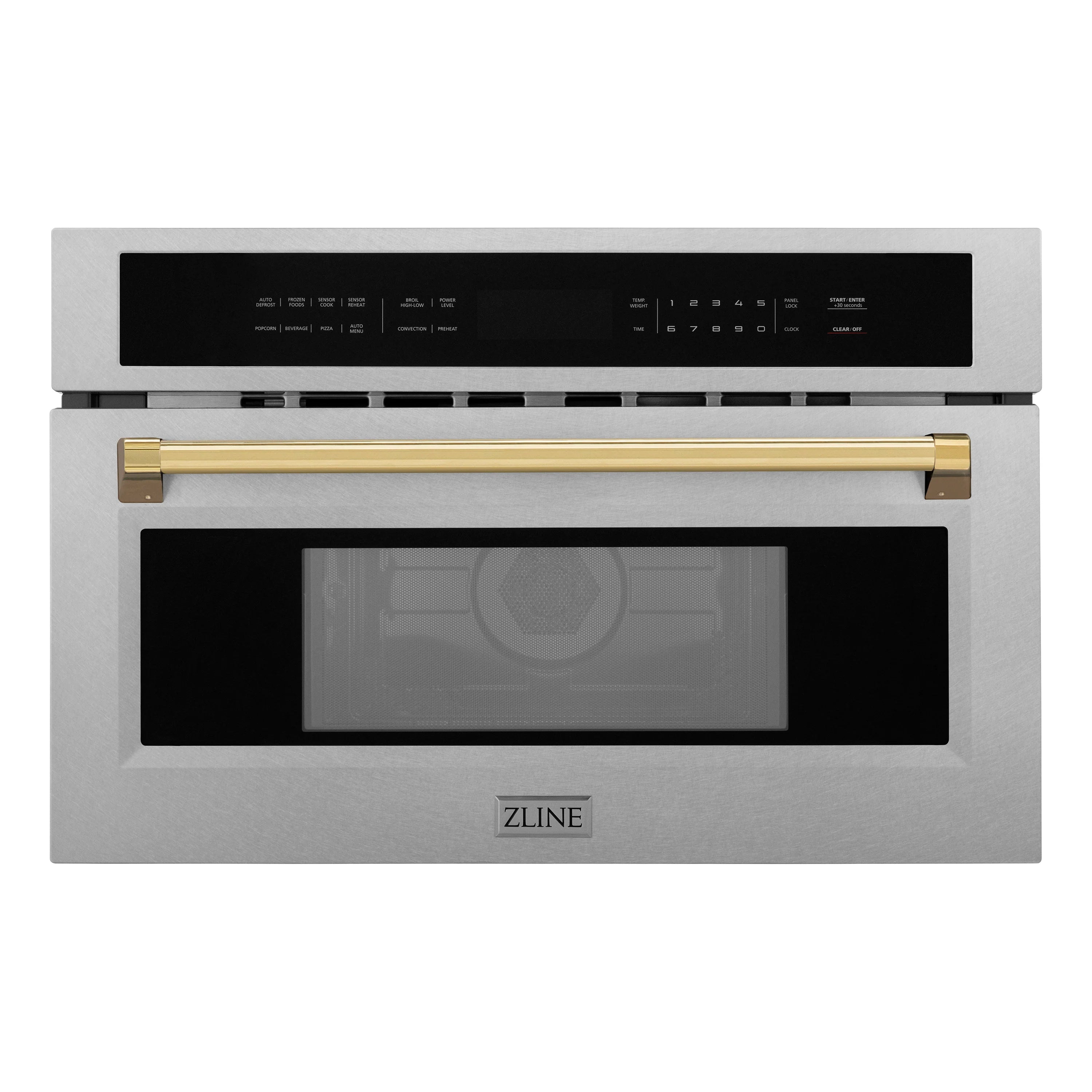 Built-in convection microwave oven in stainless steel with fingerprint-resistant finish and gold accents