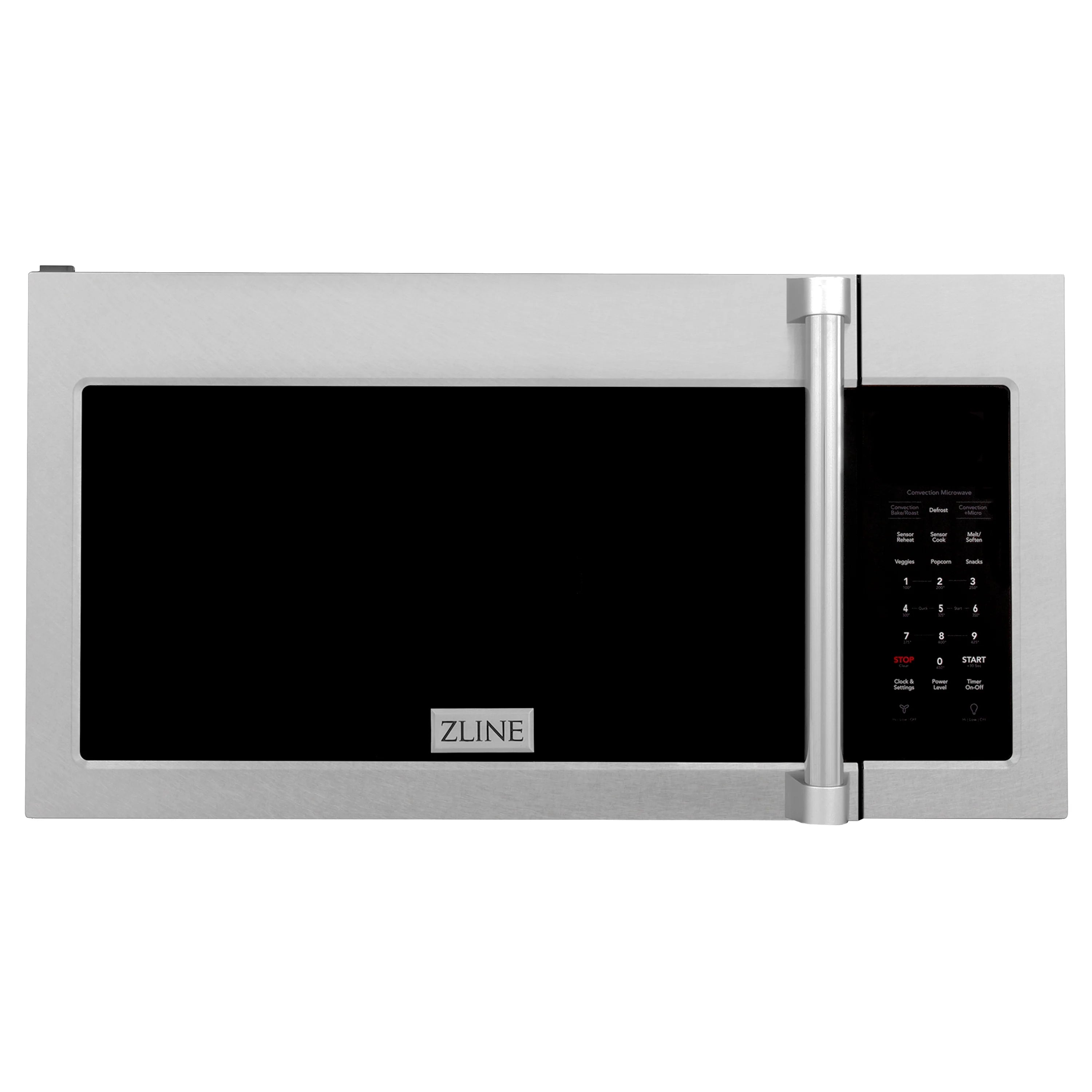 Satin stainless over-the-range microwave oven with black glass door and control panel