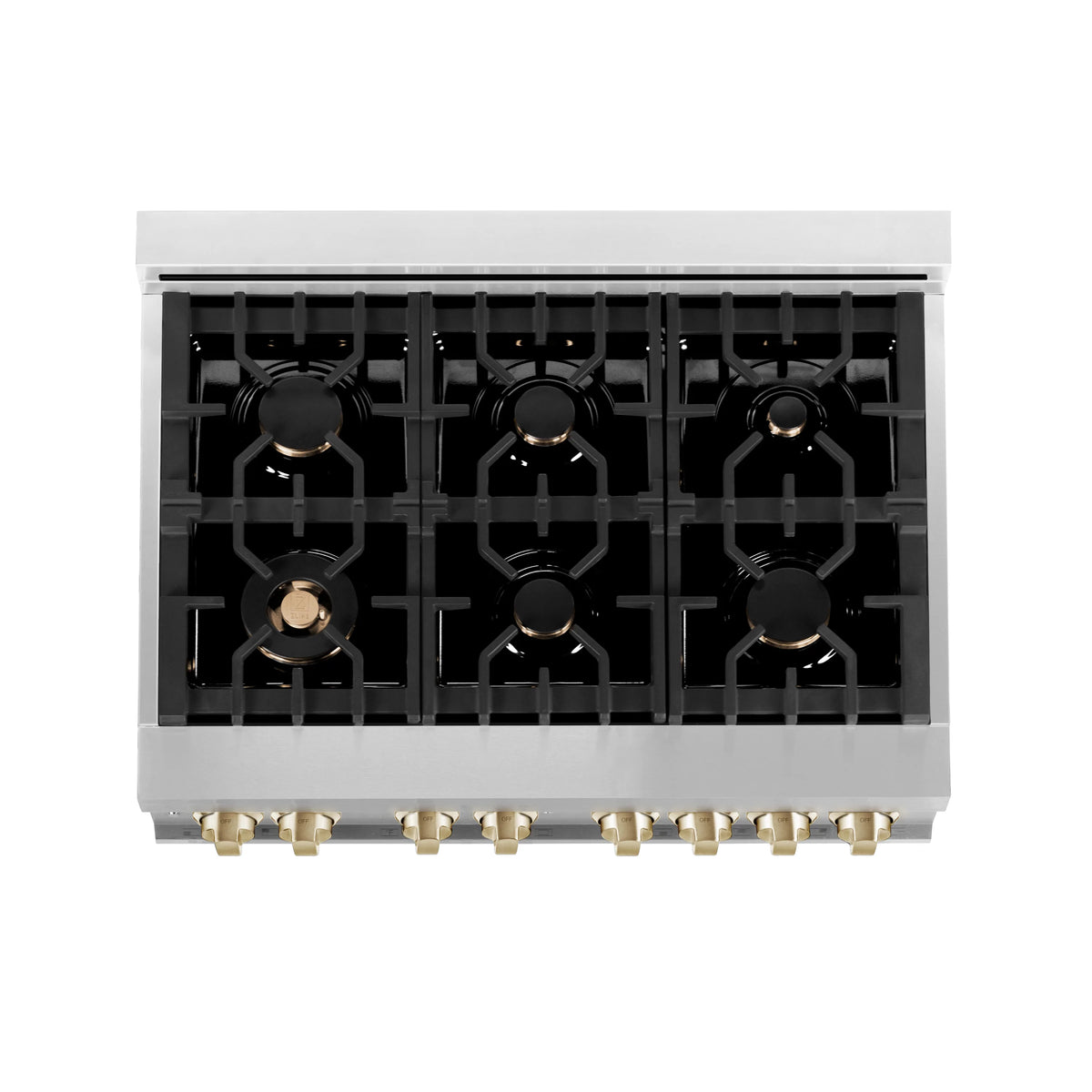 Dual fuel range cooktop with six black burners and brass/gold burner caps