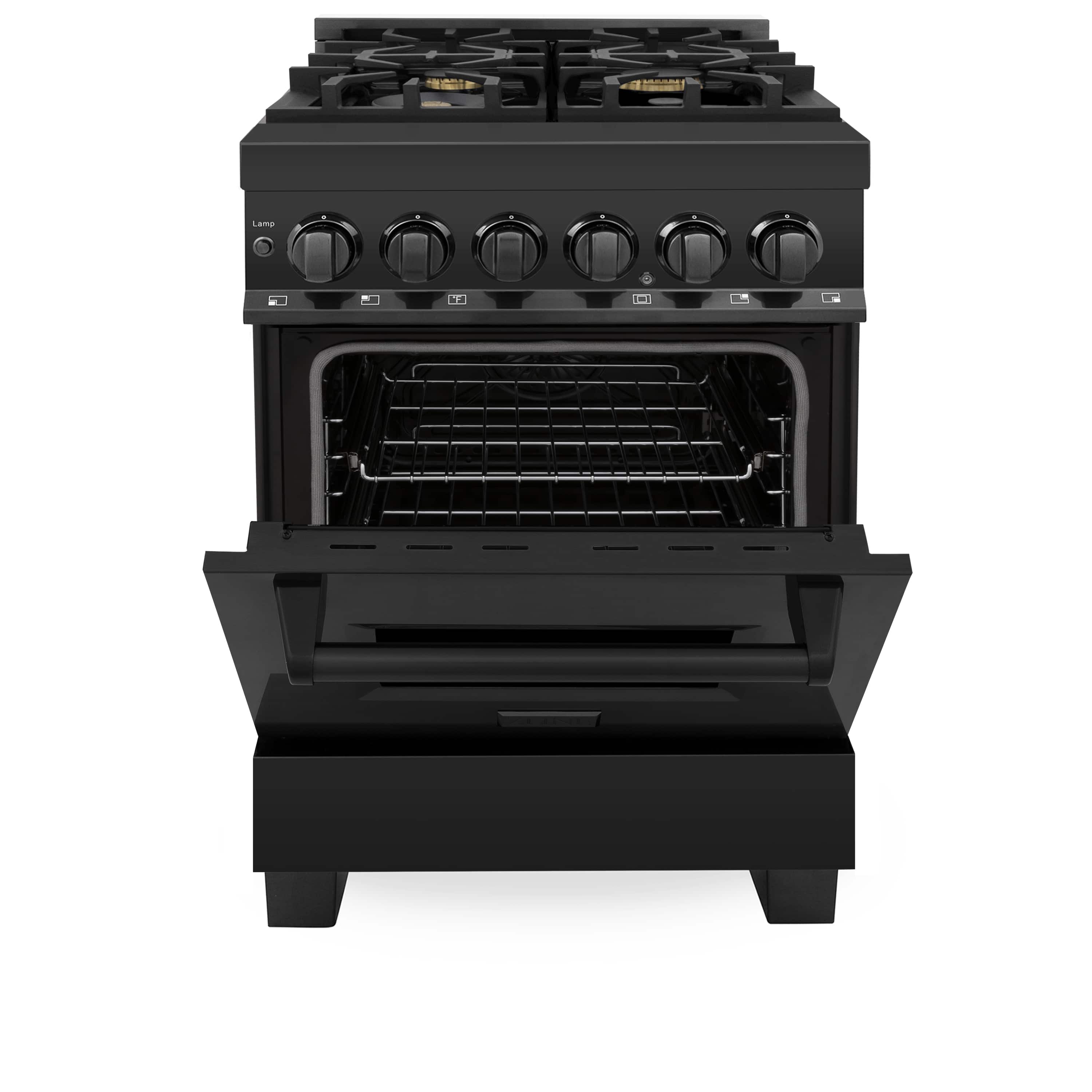 ZLINE black stainless dual-fuel range with four gas burners and electric oven