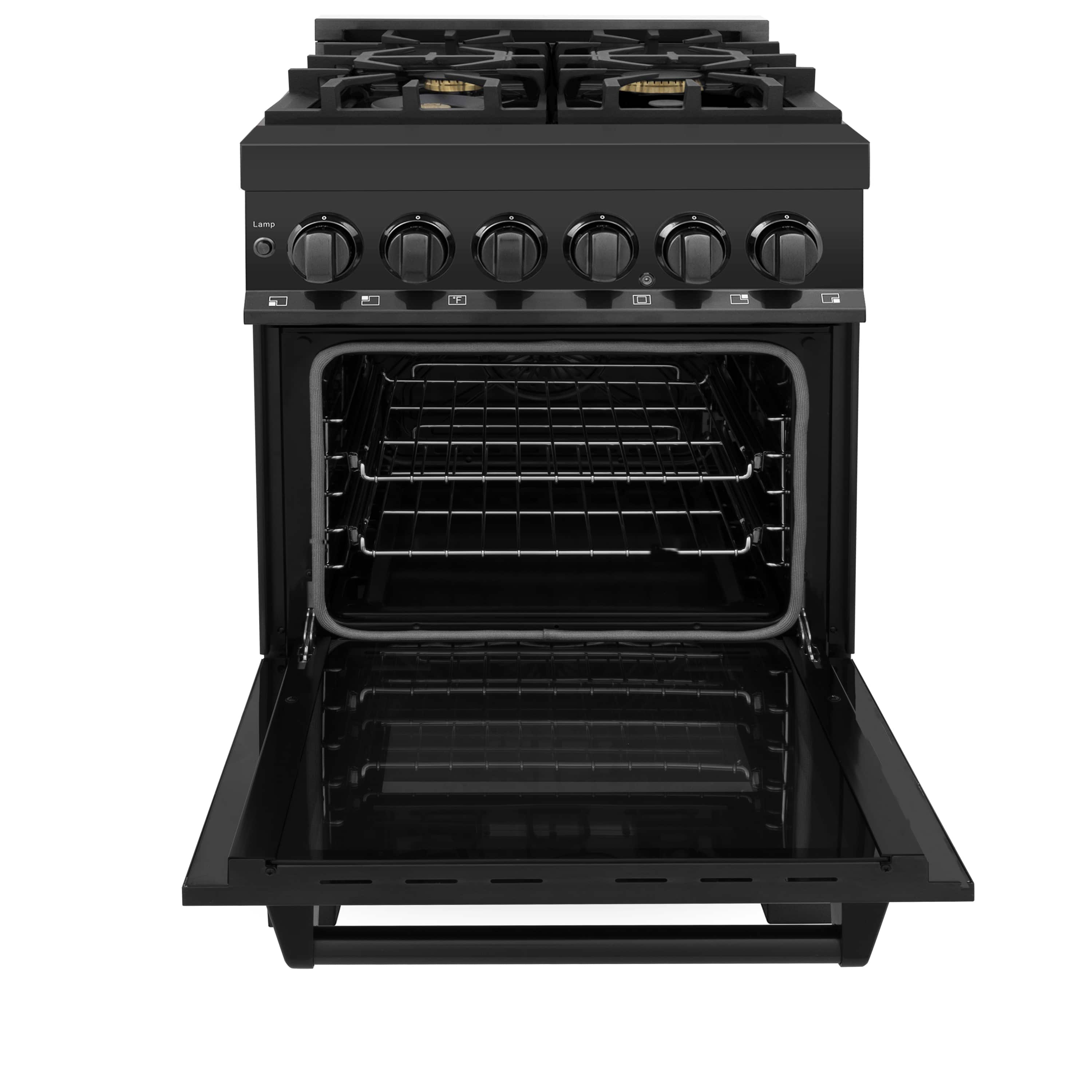 ZLINE black dual-fuel range with open oven door, two racks, and four gas burners