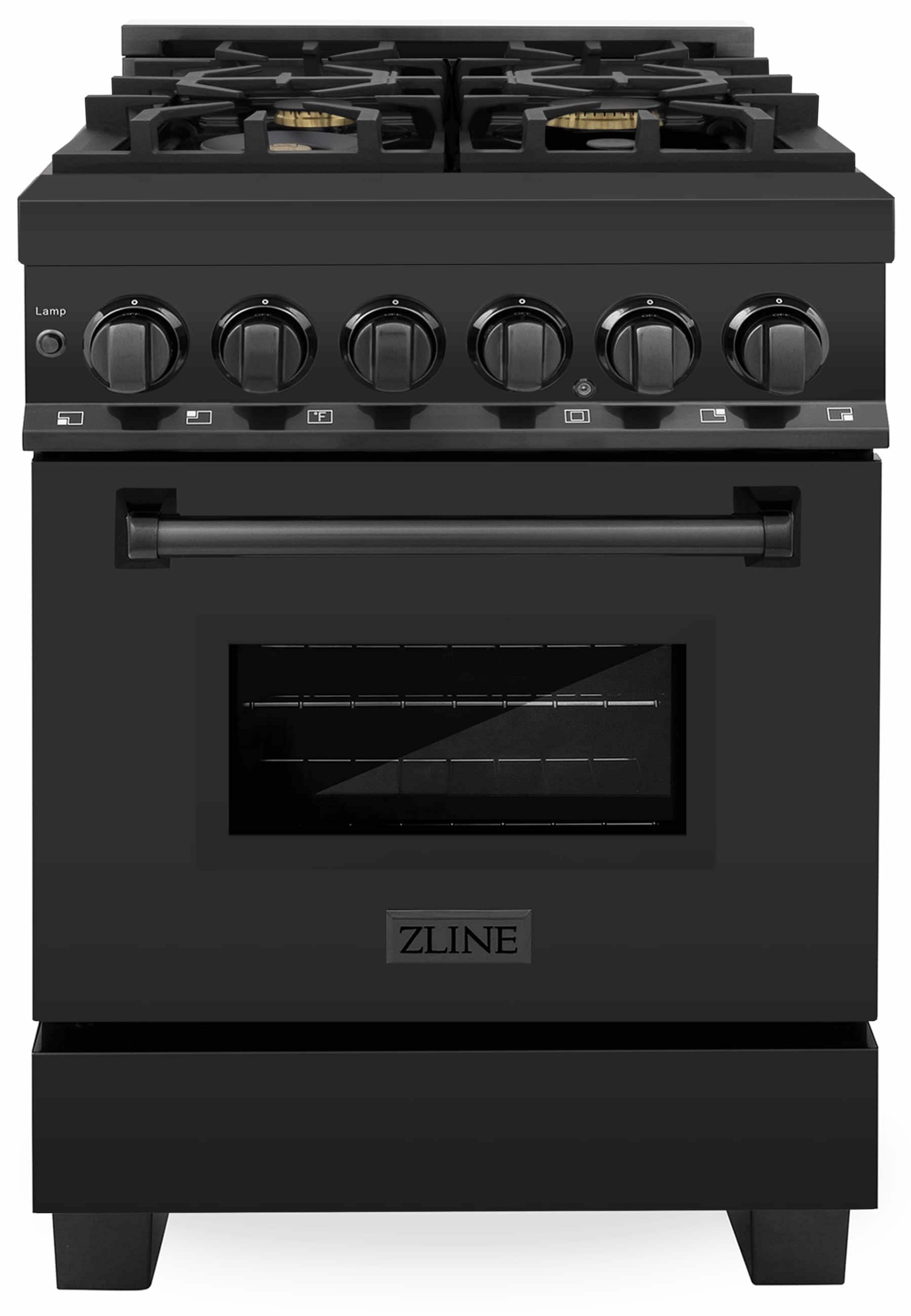 Black stainless dual fuel range with six gas burner knobs and oven door