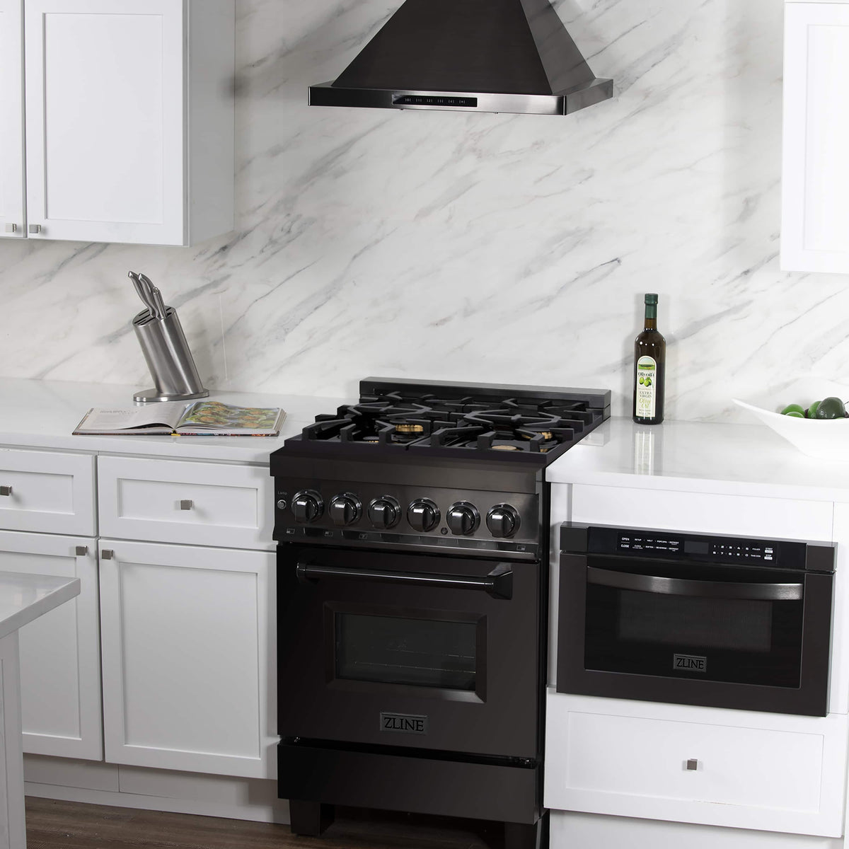ZLINE black dual-fuel range with four gas burners and closed oven door