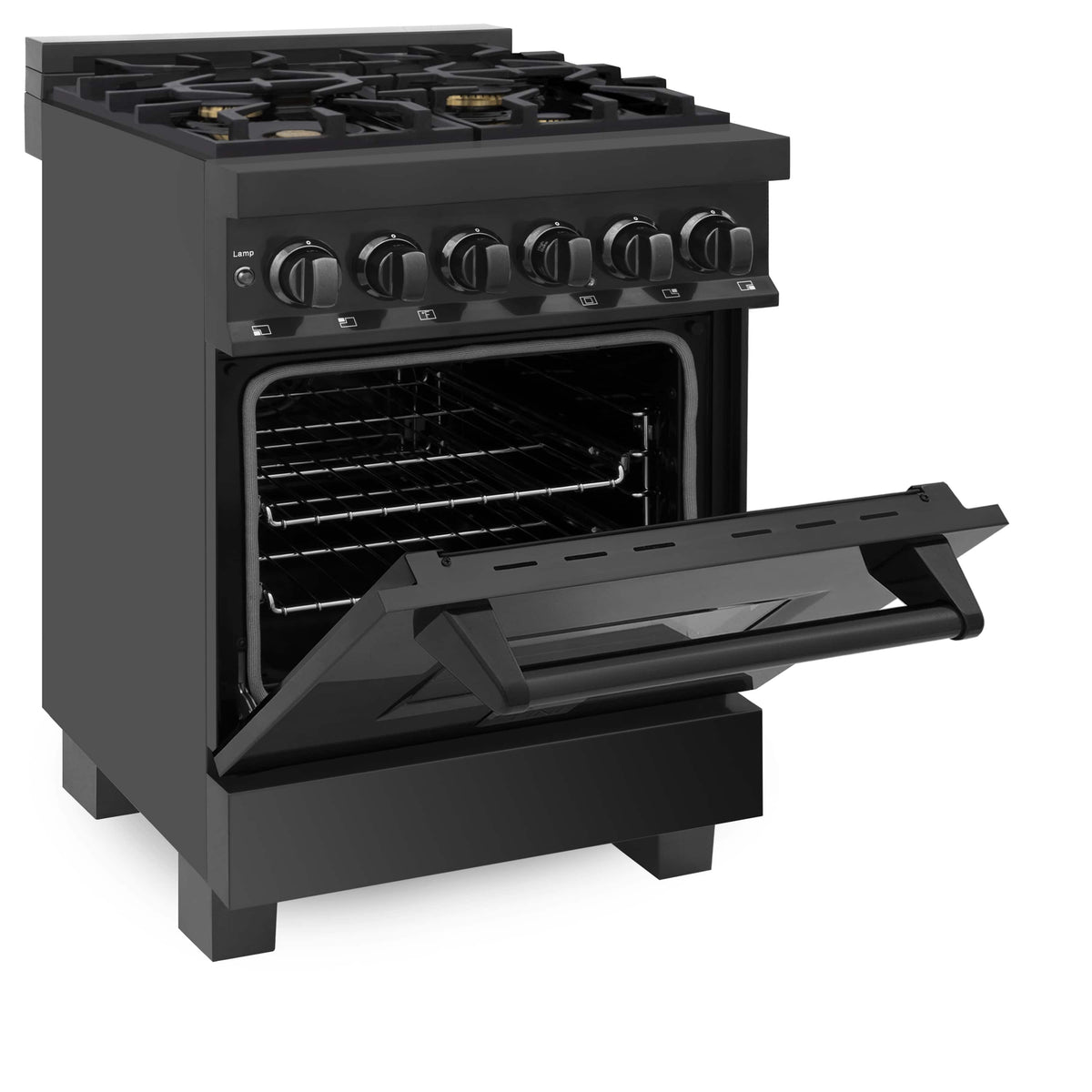 ZLINE black dual-fuel range with oven door open and four gas burners