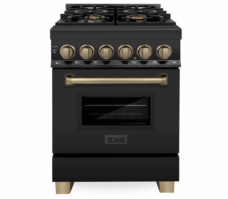 ZLINE Autograph Edition 24-Inch 2.8 cu. ft. Dual Fuel Range with Gas Stove and Electric Oven in Black Stainless Steel with Champagne Bronze Accents (RABZ-24-CB)
