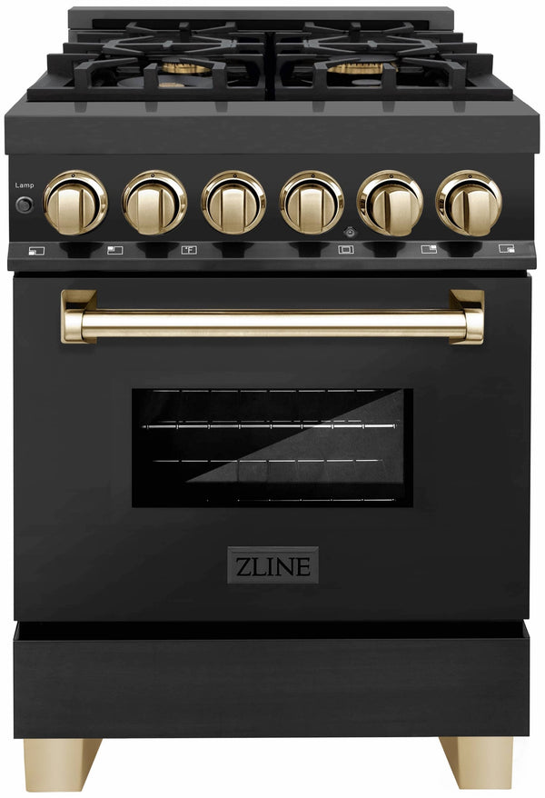 ZLINE Autograph Edition 24-Inch 2.8 cu. ft. Dual Fuel Range with Gas Stove and Electric Oven in Black Stainless Steel with Gold Trim (RABZ-24-G)