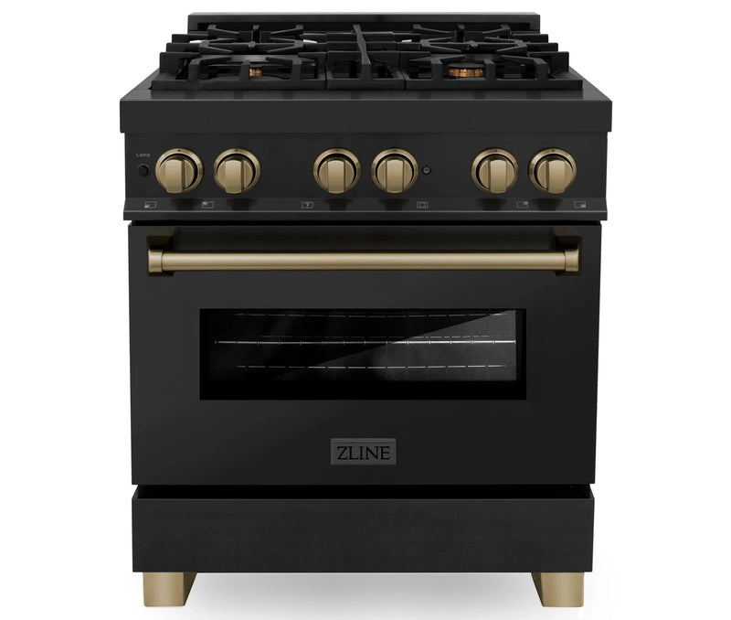 ZLINE Autograph Edition 2-Piece Appliance Package - 30-Inch Dual Fuel Range & Wall Mounted Range Hood in Black Stainless Steel with Champagne Bronze Trim (2AKP-RABRH30-CB)