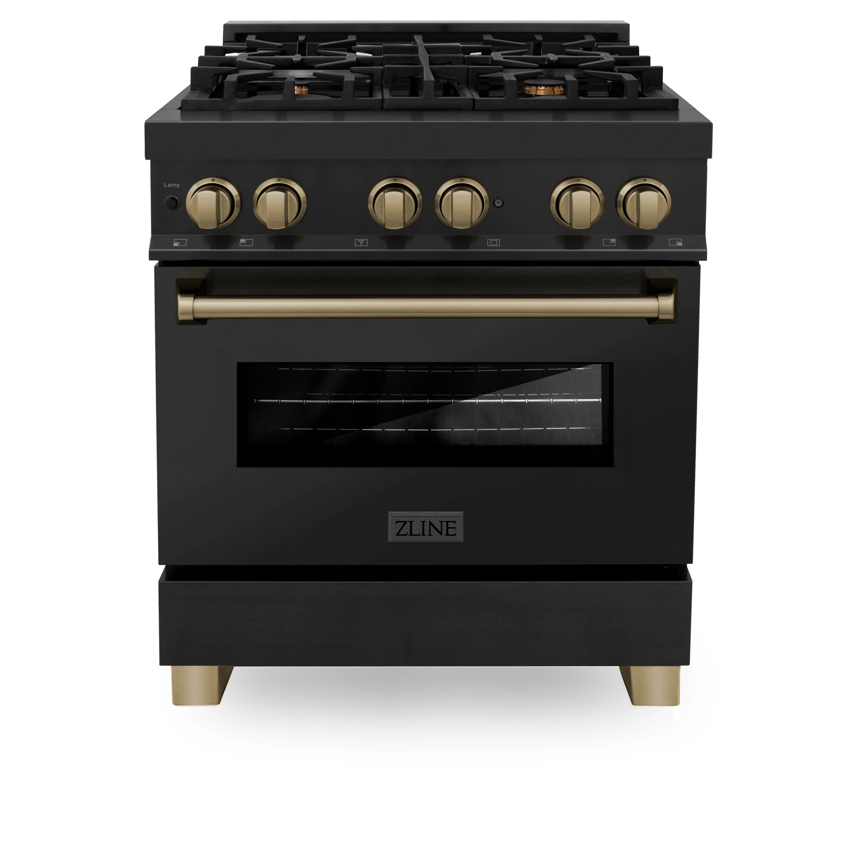 Front view of black dual fuel range with champagne bronze knobs and grates.