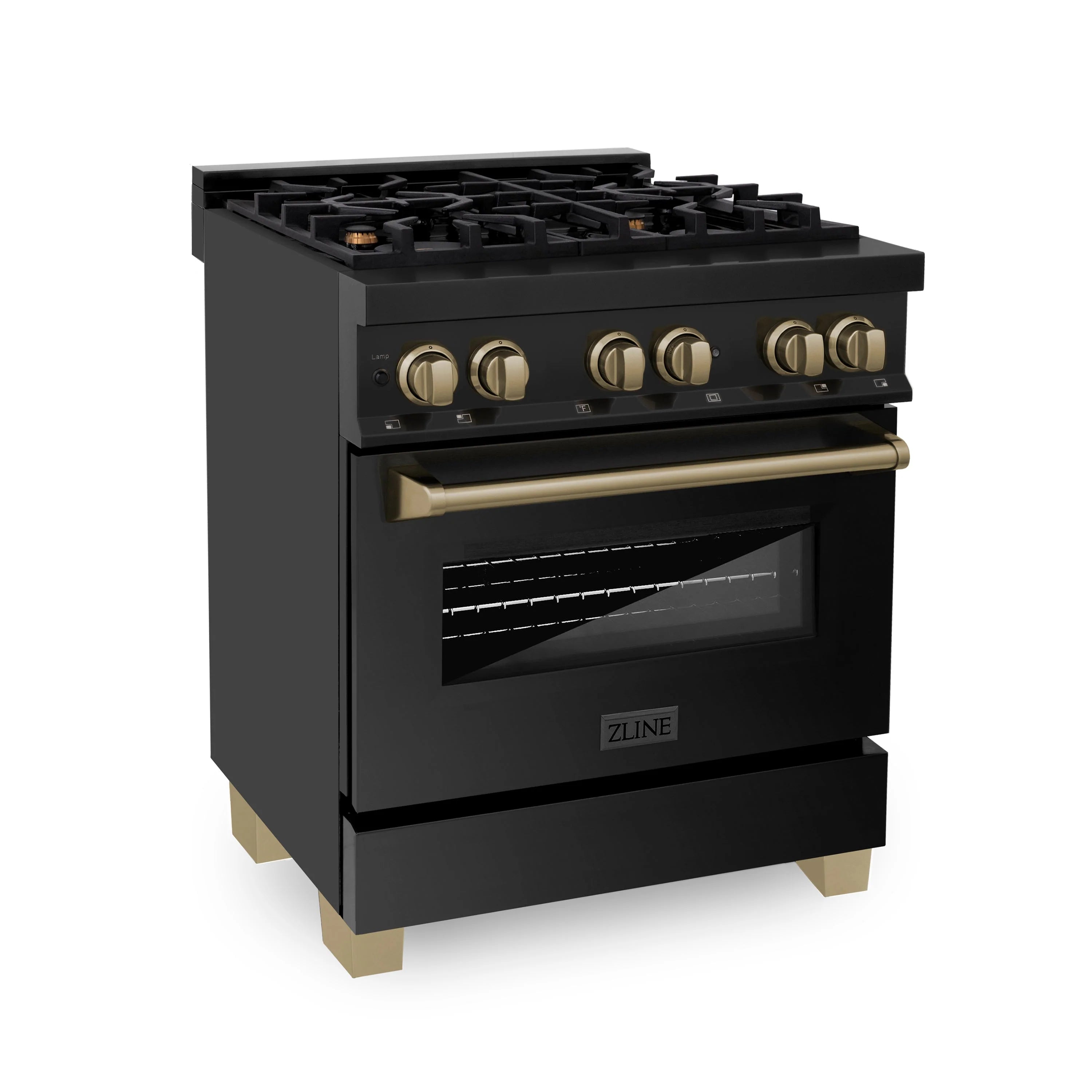 Three-quarter view of black dual fuel range with champagne bronze handle and knobs.