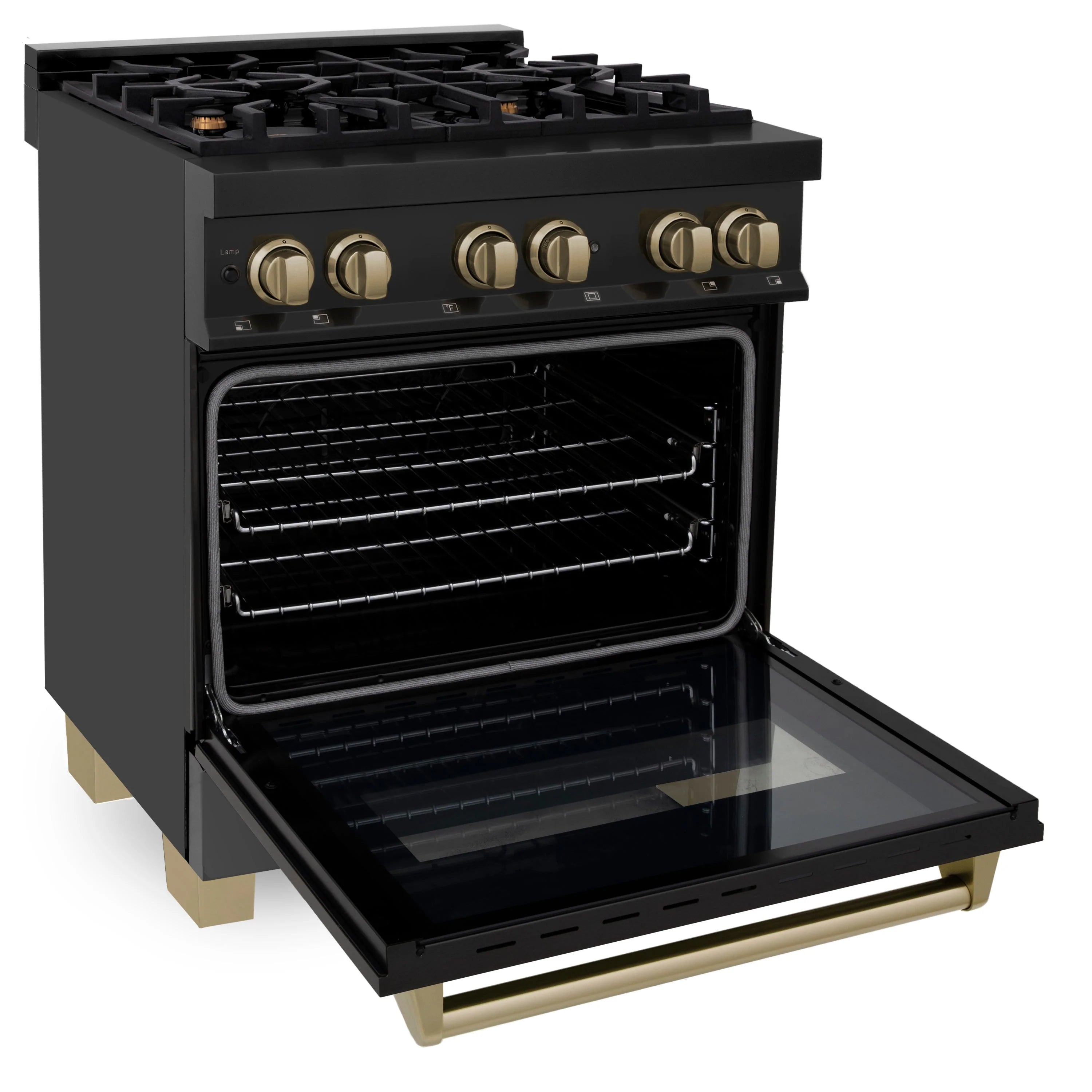 Black dual fuel range with open oven door and champagne bronze control knobs