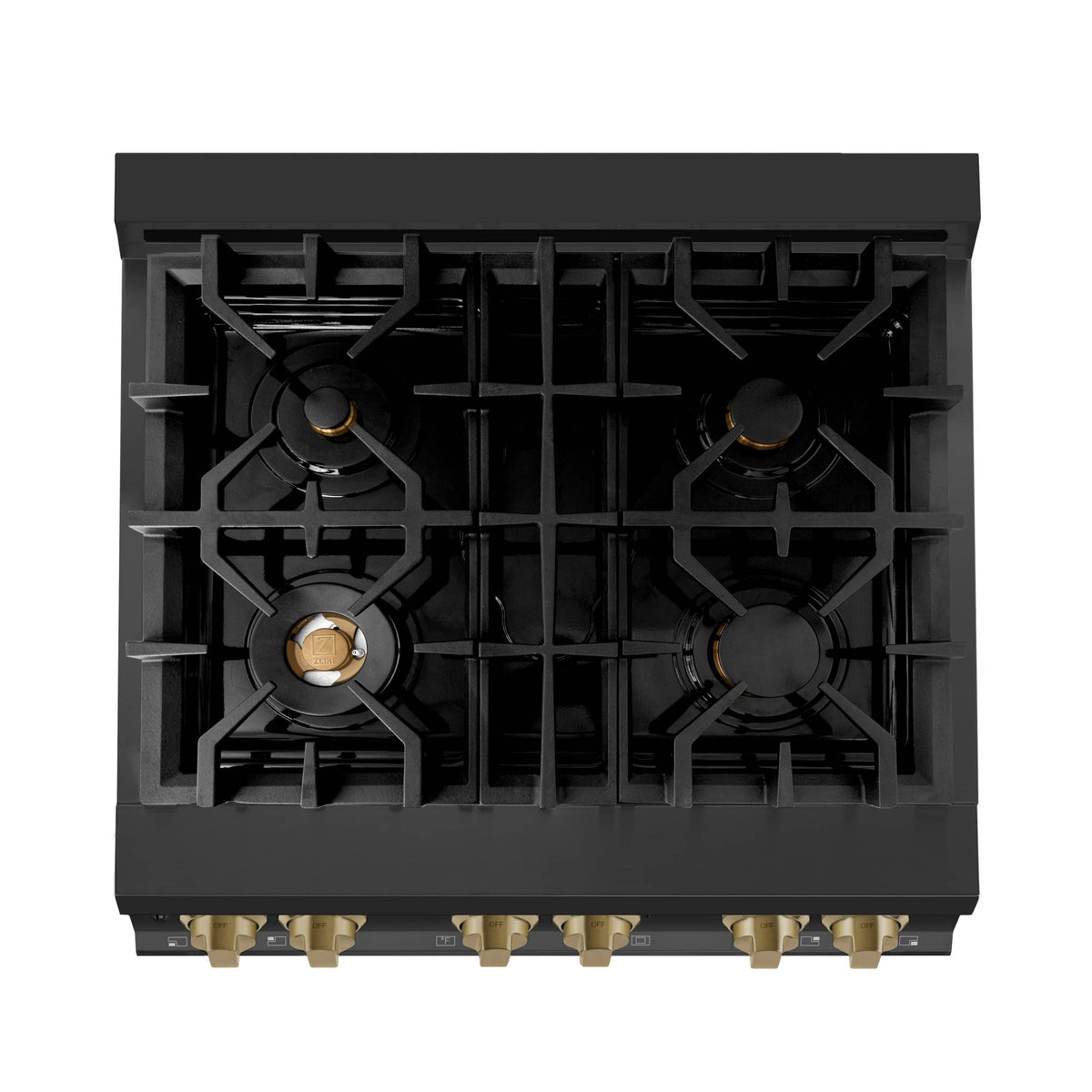 Black gas cooktop burner grates with round burner caps on a dual fuel range
