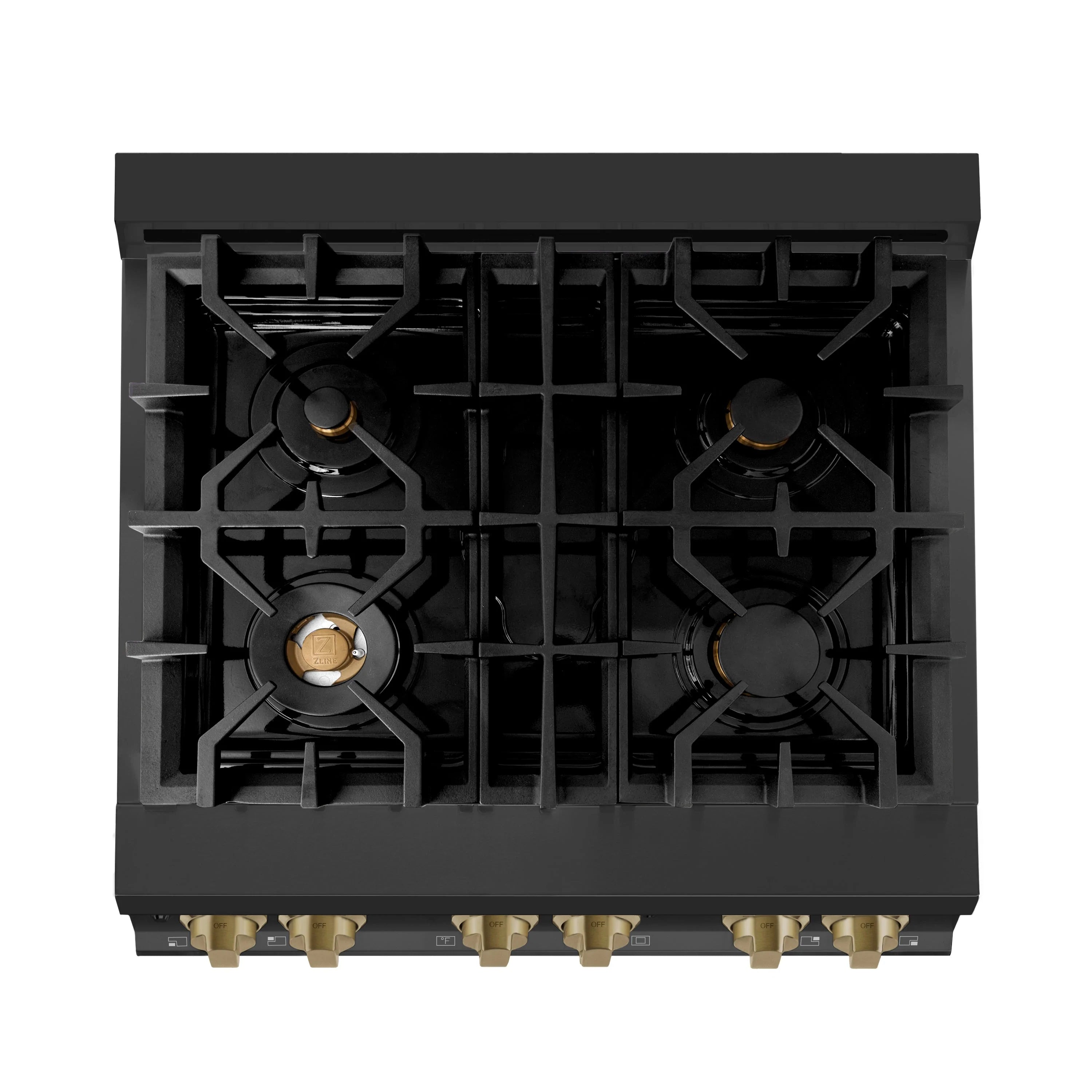 Black gas cooktop with four burners and champagne bronze burner caps