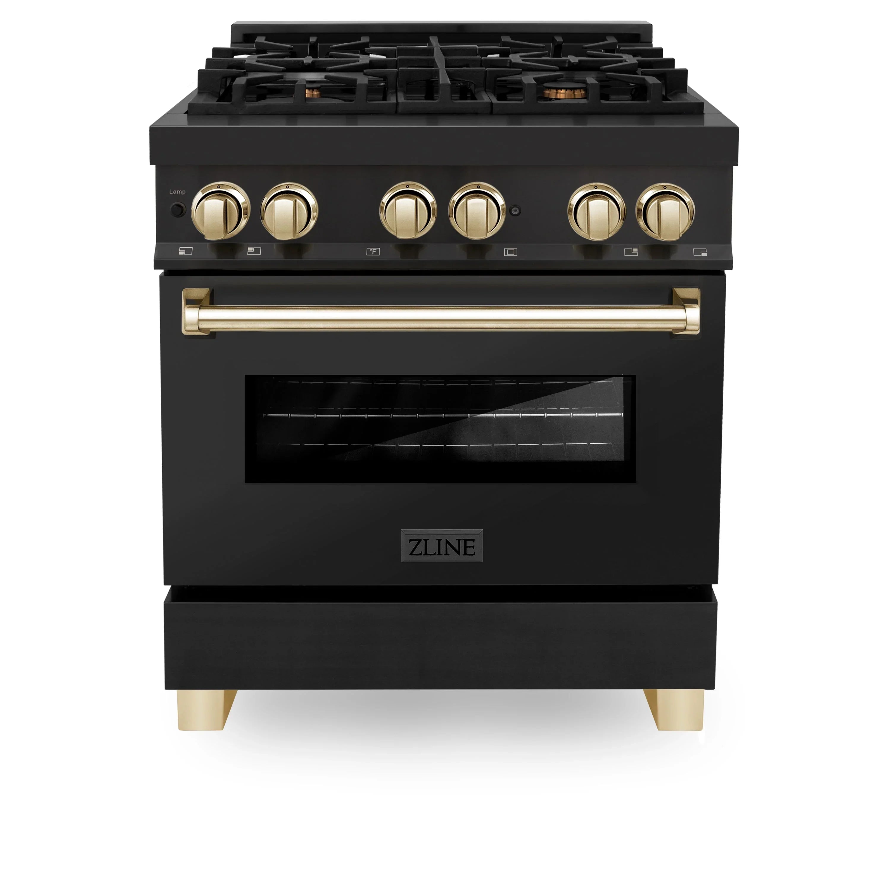 Black dual fuel range oven with gold control knobs and stainless front handle