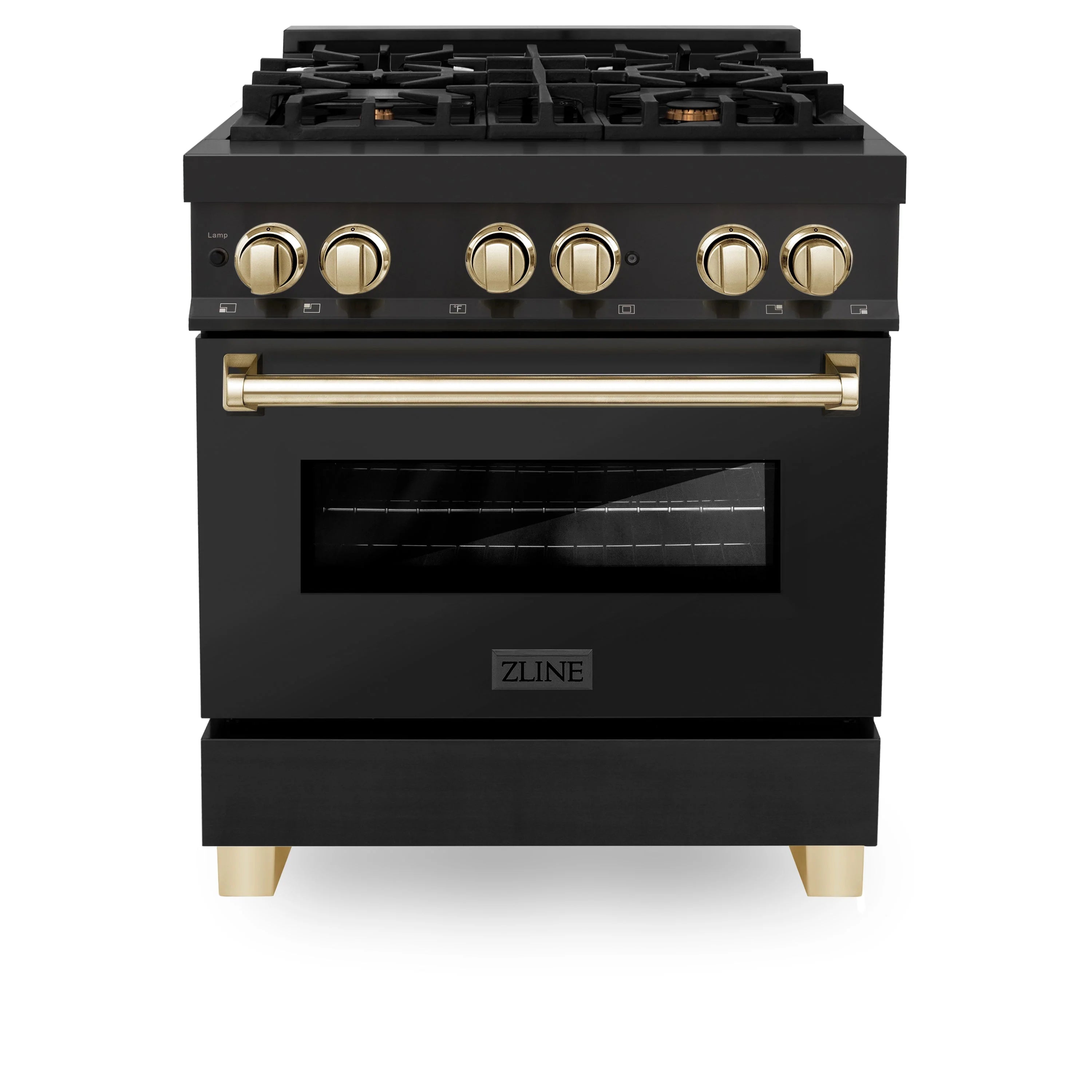 Black dual fuel range with gold control knobs and stainless oven door handle