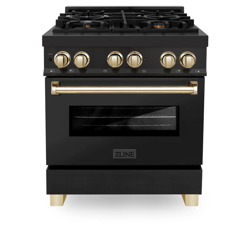 ZLINE Autograph Edition 3-Piece Appliance Package - 30-Inch Dual Fuel Range, Wall Mounted Range Hood, & 24-Inch Tall Tub Dishwasher in Black Stainless Steel with Gold Trim (3AKP-RABRHDWV30-G)