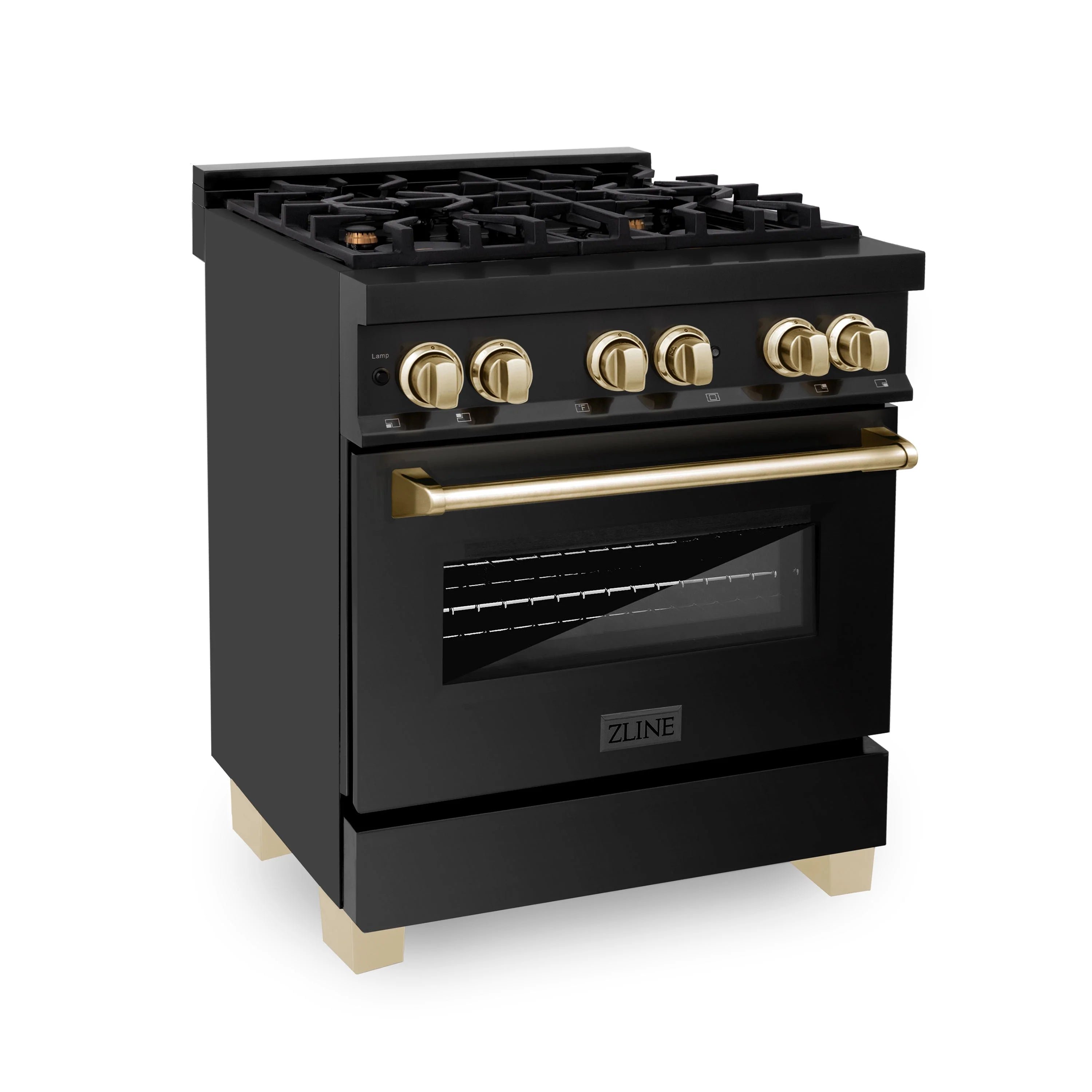 Black dual fuel range with gold handle trim and oven door window