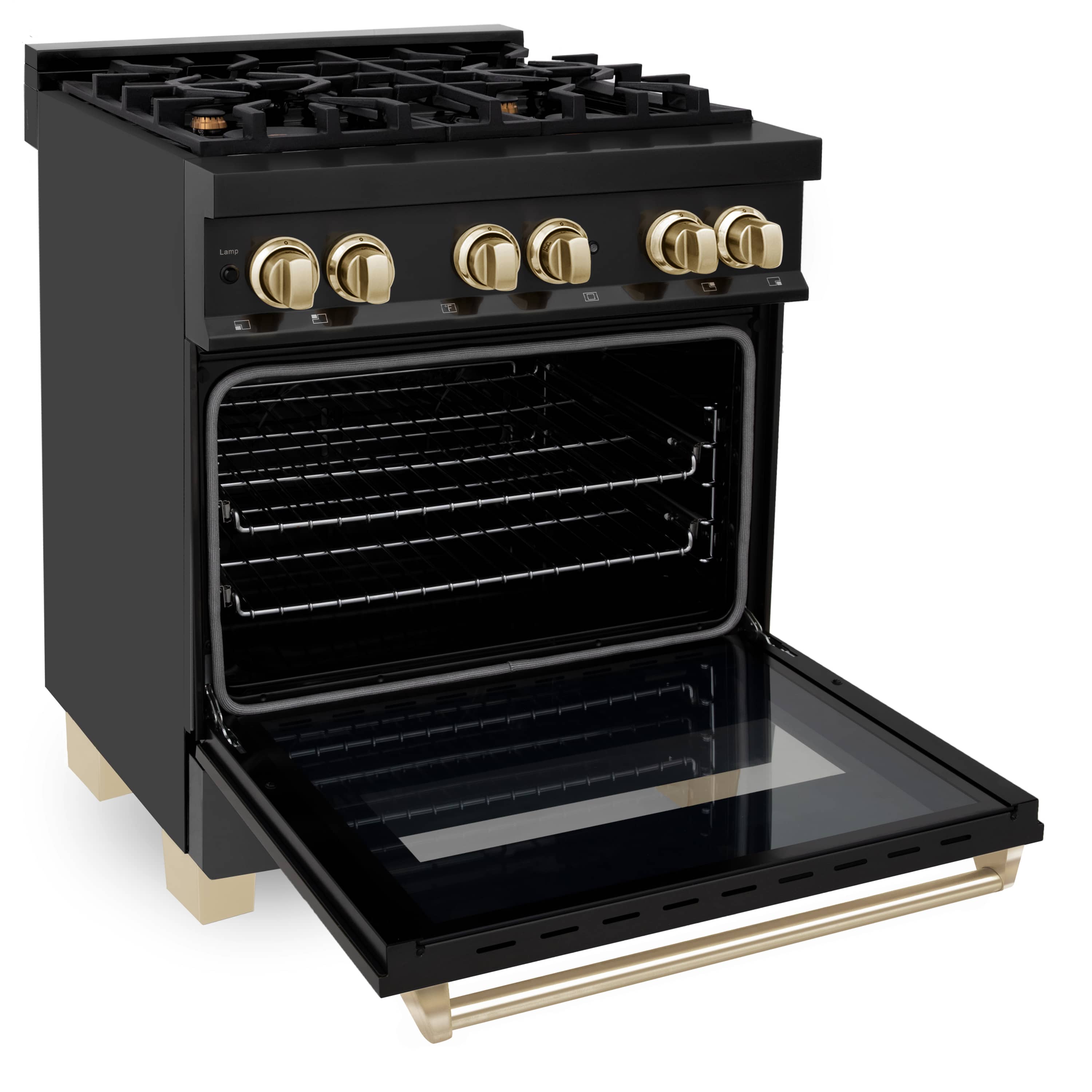 Black dual fuel range with gas burners and open electric oven; gold control knobs