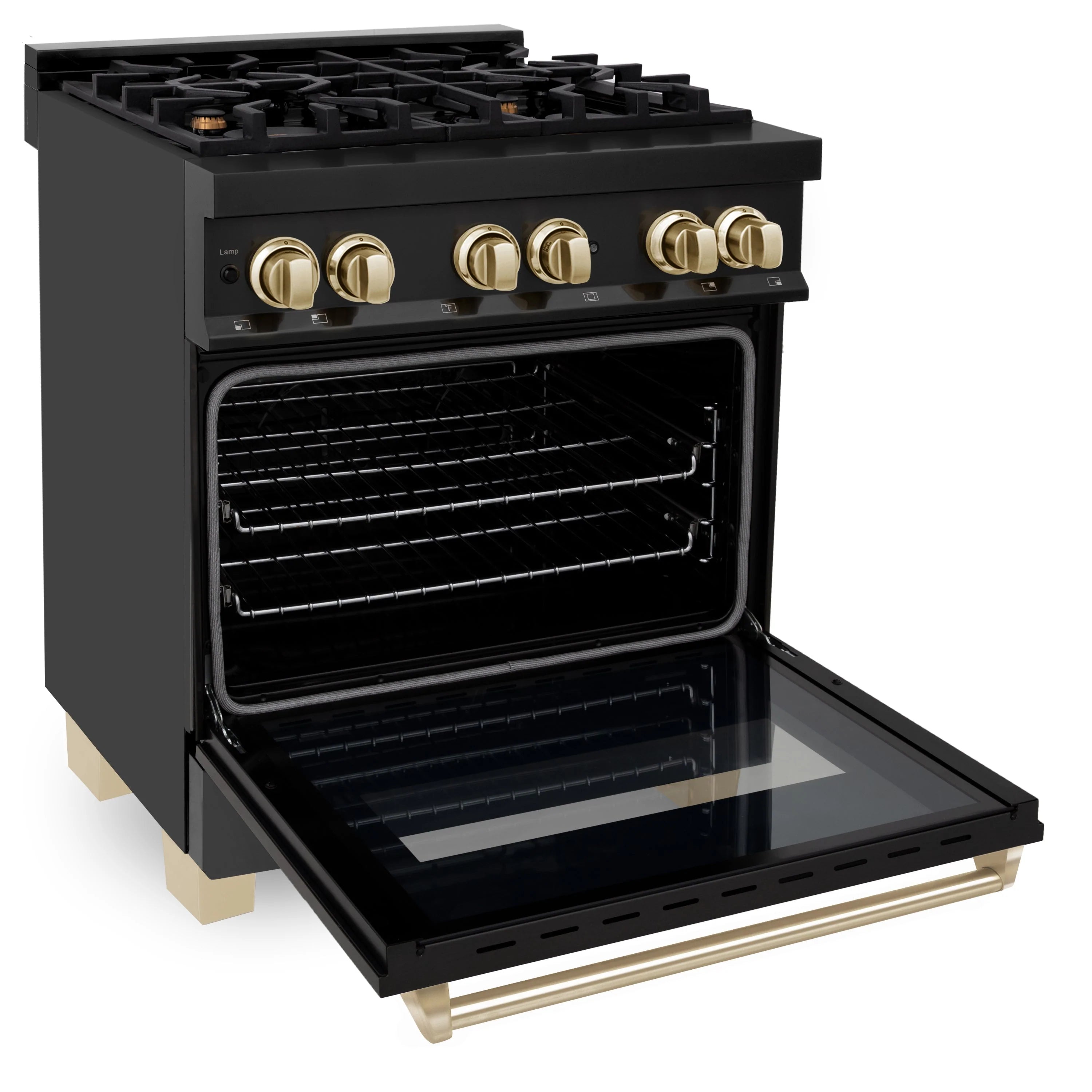 Black dual fuel range with oven door open and gold control knobs