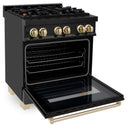 ZLINE Autograph Edition 3-Piece Appliance Package - 30-Inch Dual Fuel Range, Wall Mounted Range Hood, & 24-Inch Tall Tub Dishwasher in Black Stainless Steel with Gold Trim (3AKP-RABRHDWV30-G)