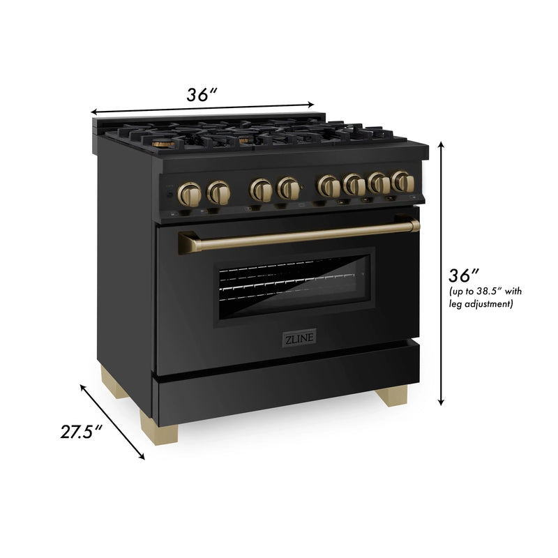 ZLINE Autograph Edition 4-Piece Appliance Package - 36" Dual Fuel Range, 36" Refrigerator with Water Dispenser, Wall Mounted Range Hood, & 24" Tall Tub Dishwasher in Black Stainless Steel with Champagne Bronze Trim (4KAPR-RABRHDWV36-CB)