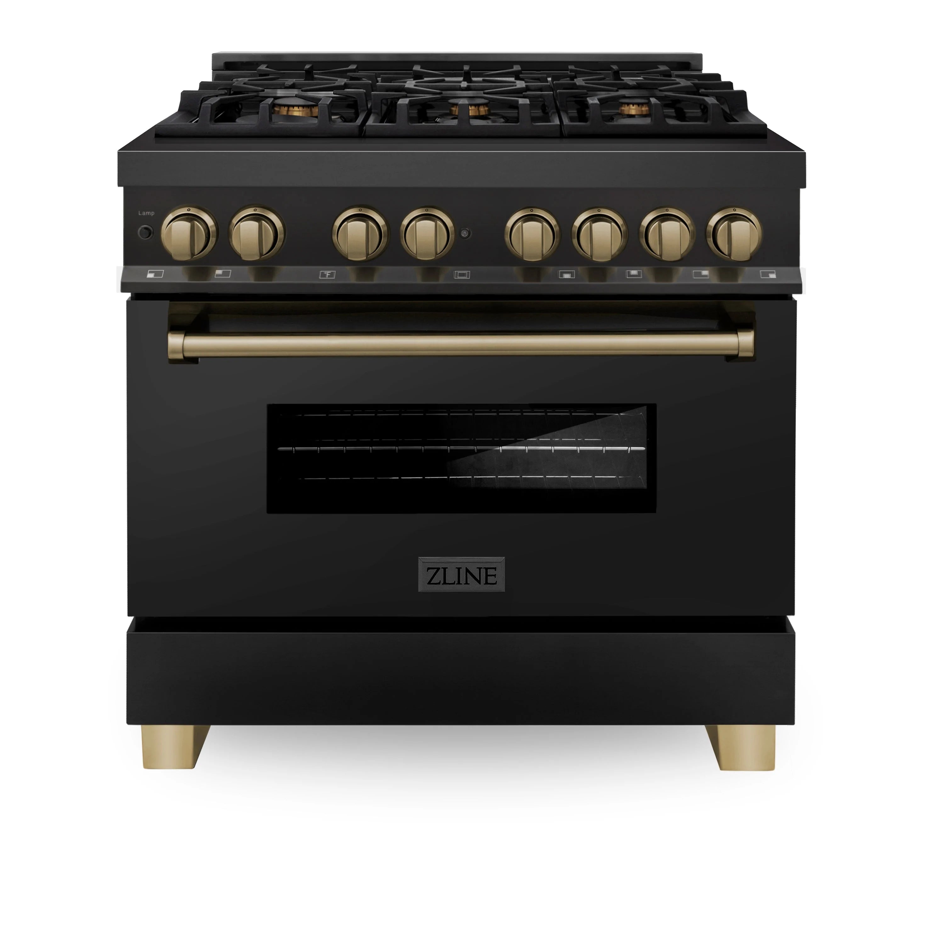 36-inch dual fuel range with black stainless steel body, champagne bronze knobs and oven door