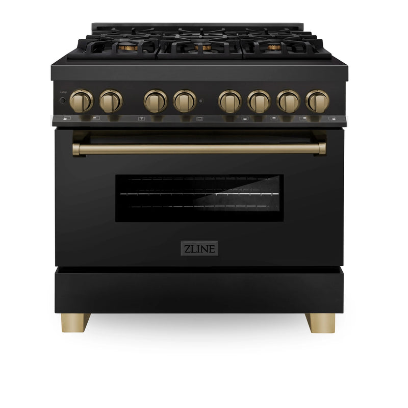 ZLINE Autograph Edition Package - 36-Inch Dual Fuel Range and Range Hood in Black Stainless Steel with Champagne Bronze Trim (2AKP-RABRH36-CB)